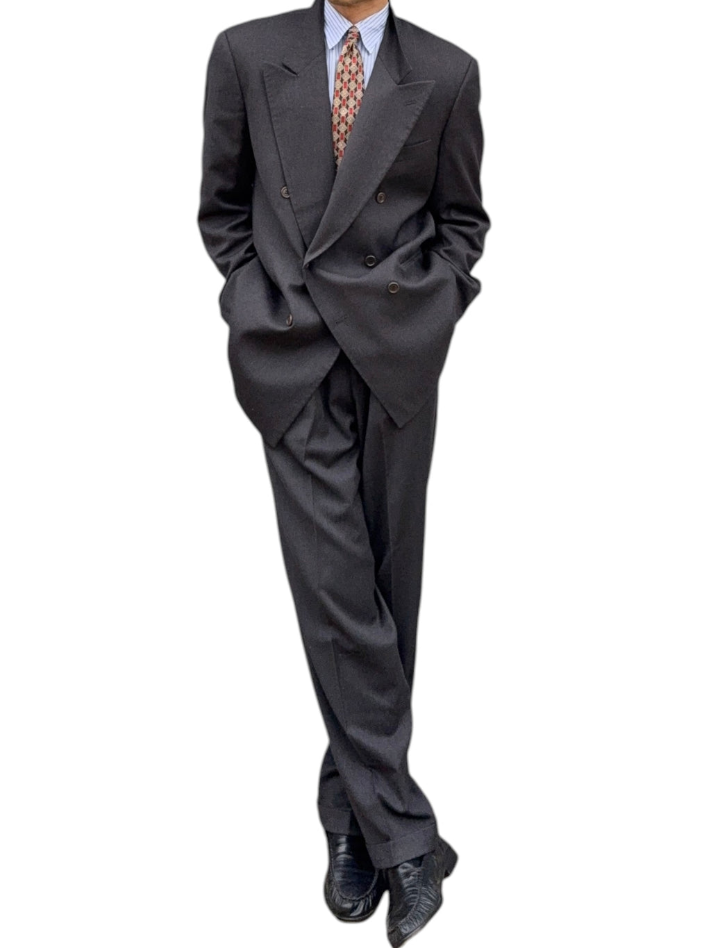 Valentino 1980s Peaked Lapel Double Breasted Pleated Wool Suit Grey - Size XL Jacket / 35" Waist