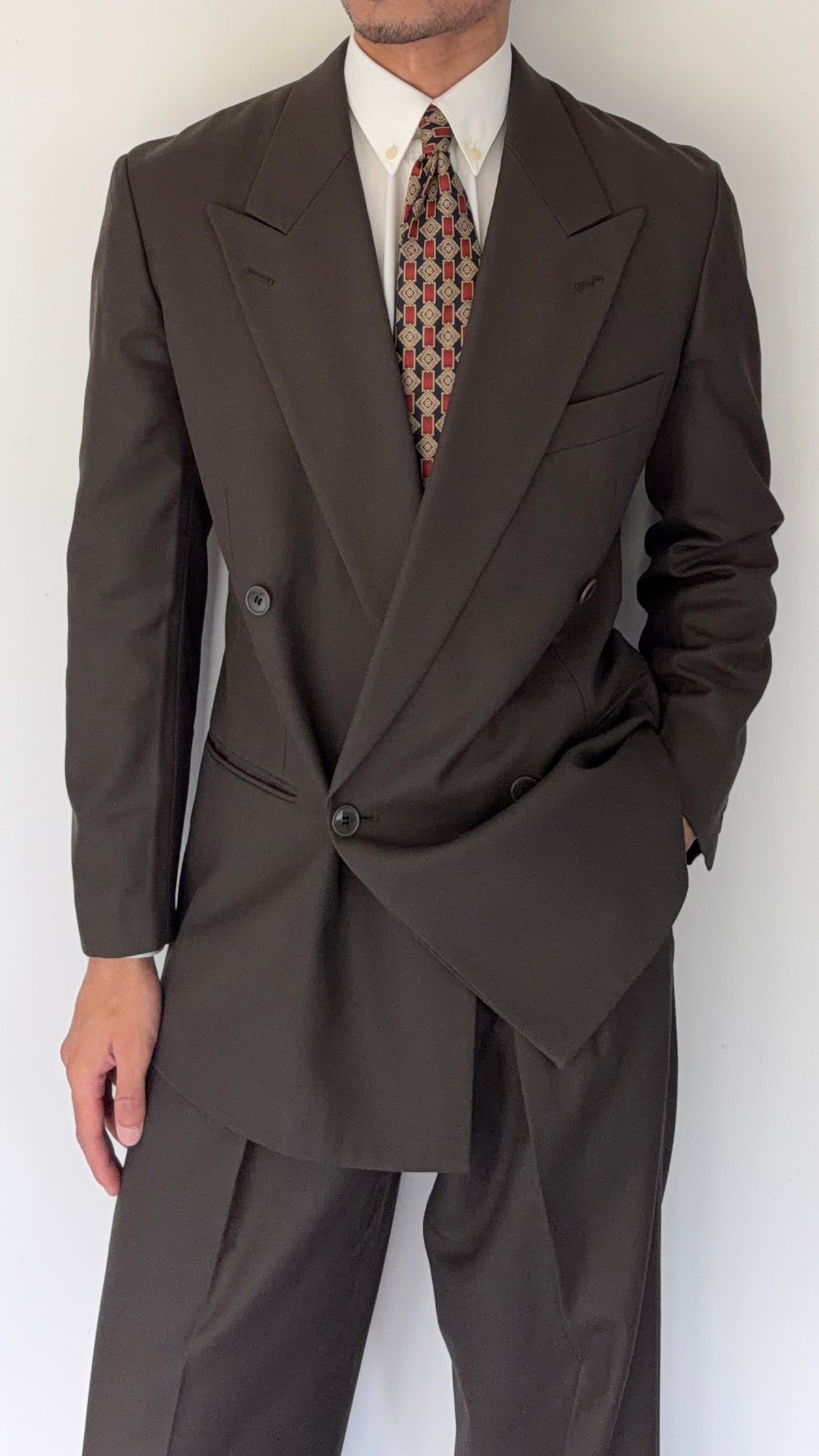 Emporio Armani 1980s Peaked Lapel Double Breasted Wool Suit - Size S Jacket / 31" Waist