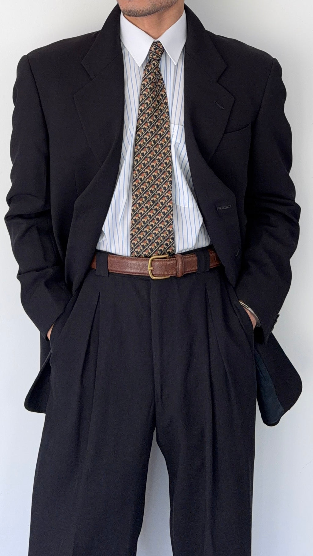 Giorgio Armani 1980s 3B Triple-Pleated Draped Wool Suit Navy Blue - Size M Jacket / 32" Waist
