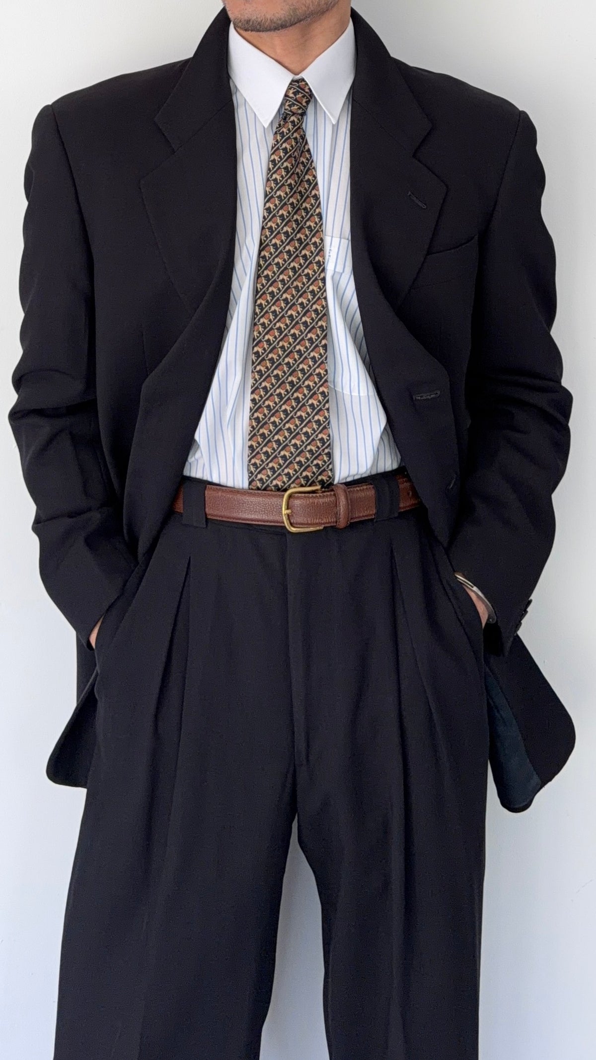 Giorgio Armani 1980s 3B Triple-Pleated Draped Wool Suit Navy Blue - Size M Jacket / 32" Waist