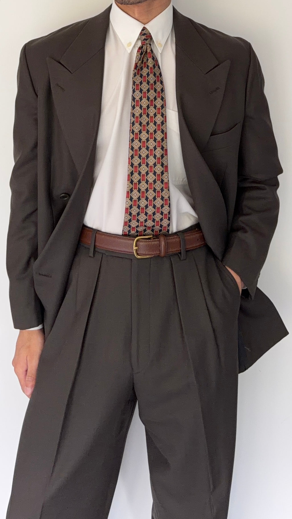 Emporio Armani 1980s Peaked Lapel Double Breasted Wool Suit - Size S Jacket / 31" Waist