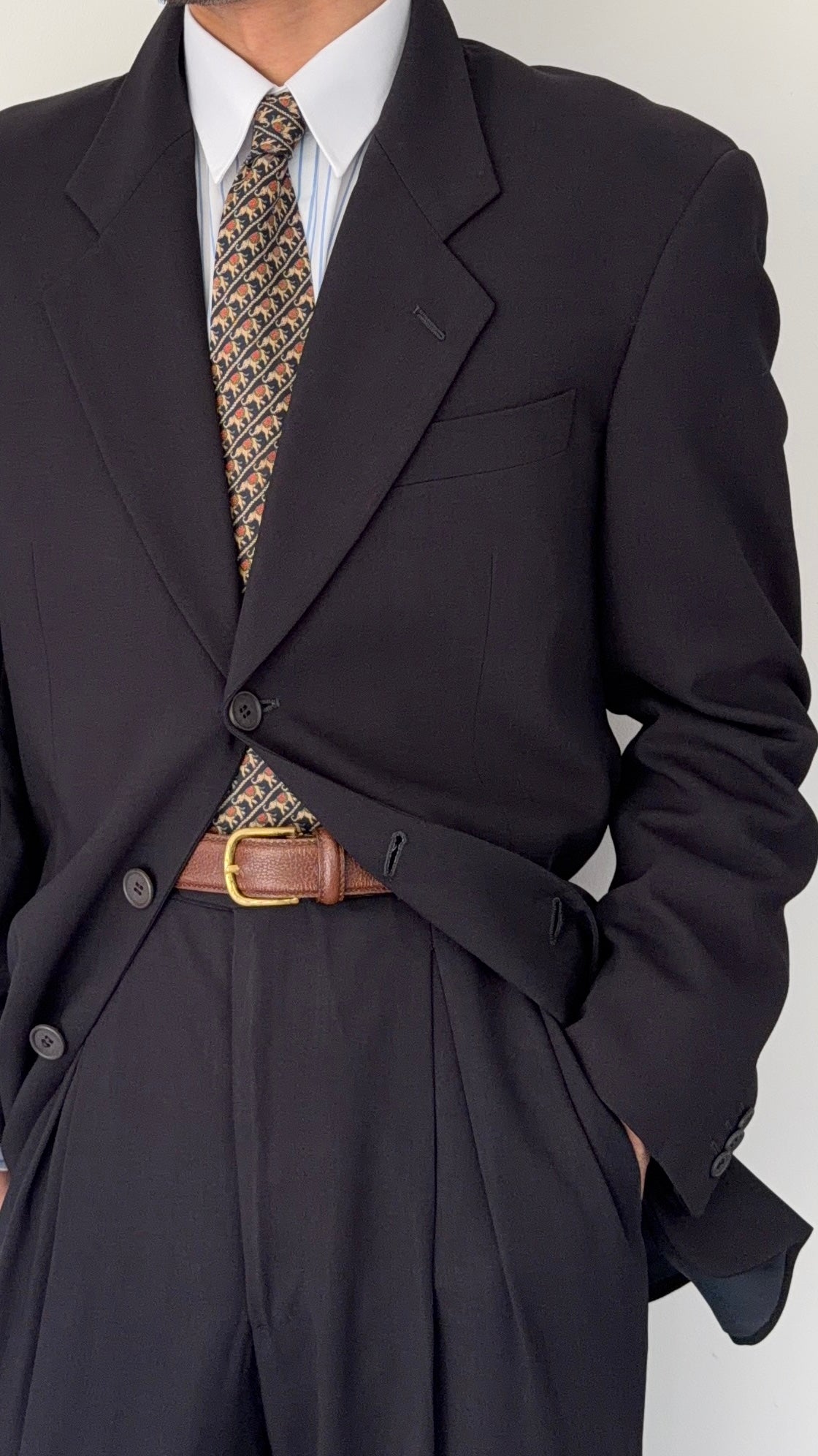 Giorgio Armani 1980s 3B Triple-Pleated Draped Wool Suit Navy Blue - Size M Jacket / 32" Waist