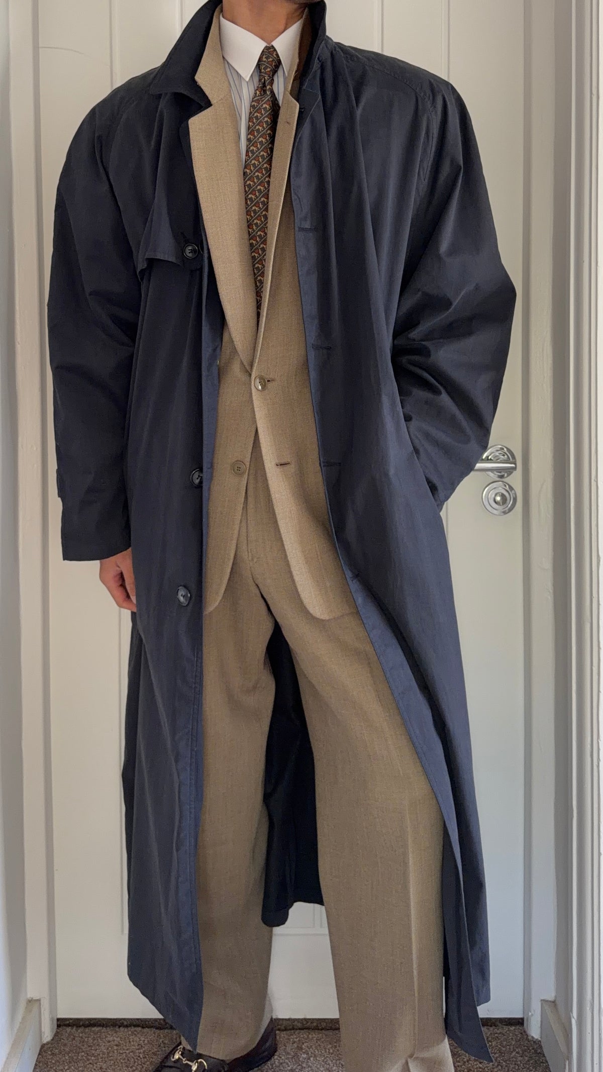 Giorgio Armani 1980s Oversized Cotton Nylon Long Trench Coat Navy Blue - Size XL