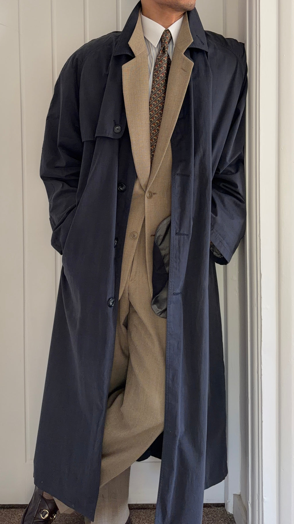 Giorgio Armani 1980s Oversized Cotton Nylon Long Trench Coat Navy Blue - Size XL