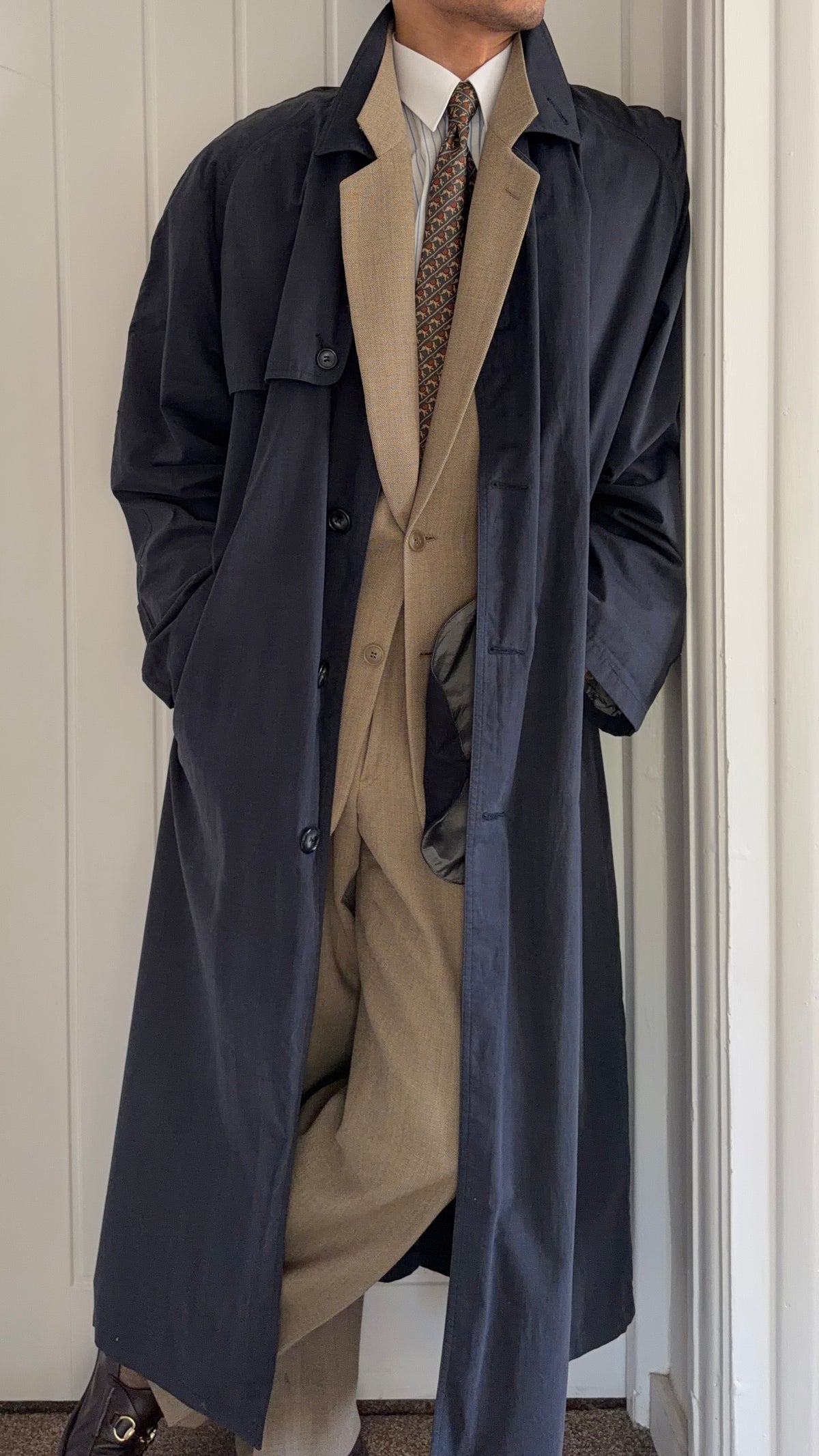 Giorgio Armani 1980s Oversized Cotton Nylon Long Trench Coat Navy Blue - Size XL