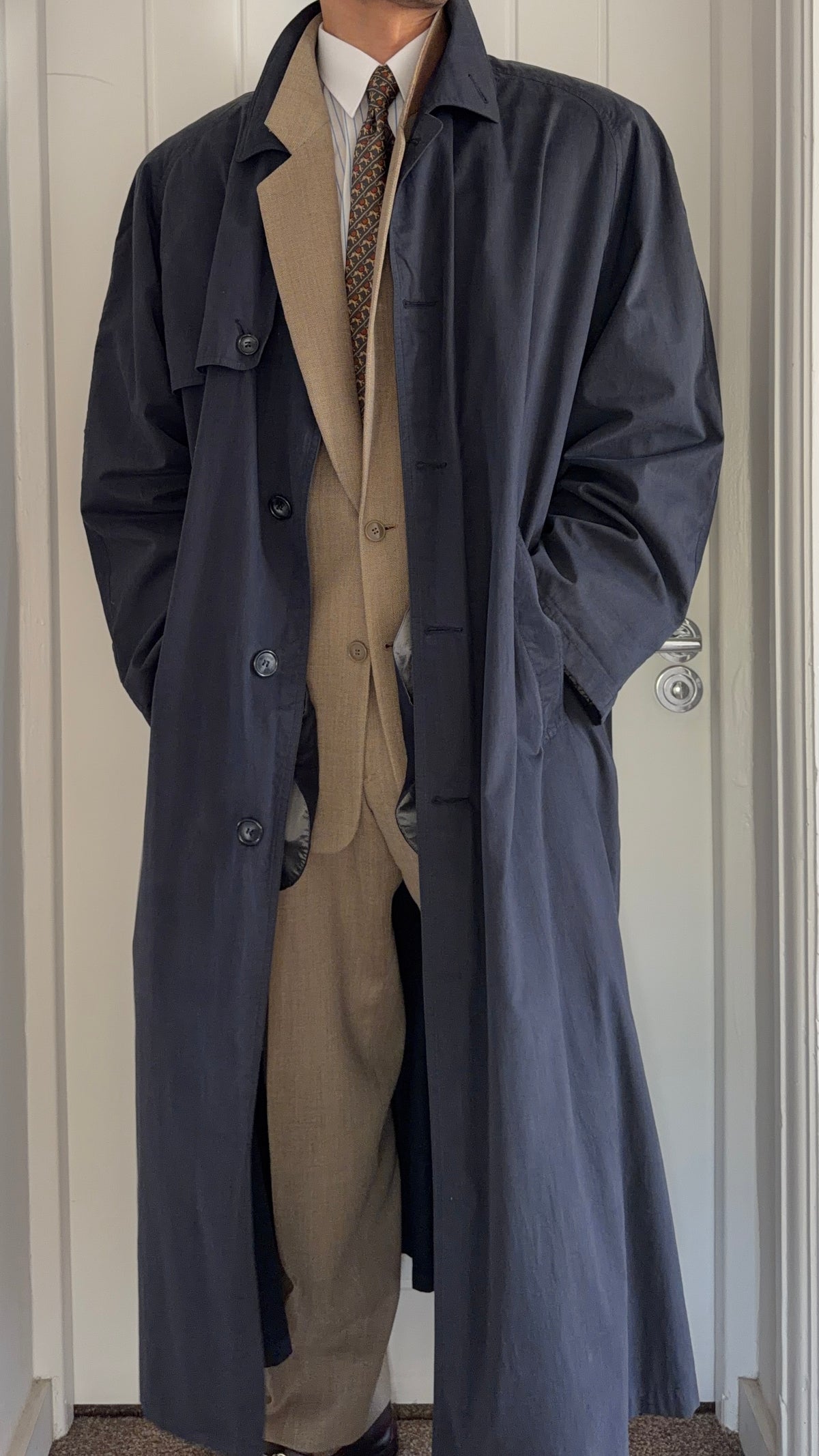 Giorgio Armani 1980s Oversized Cotton Nylon Long Trench Coat Navy Blue - Size XL