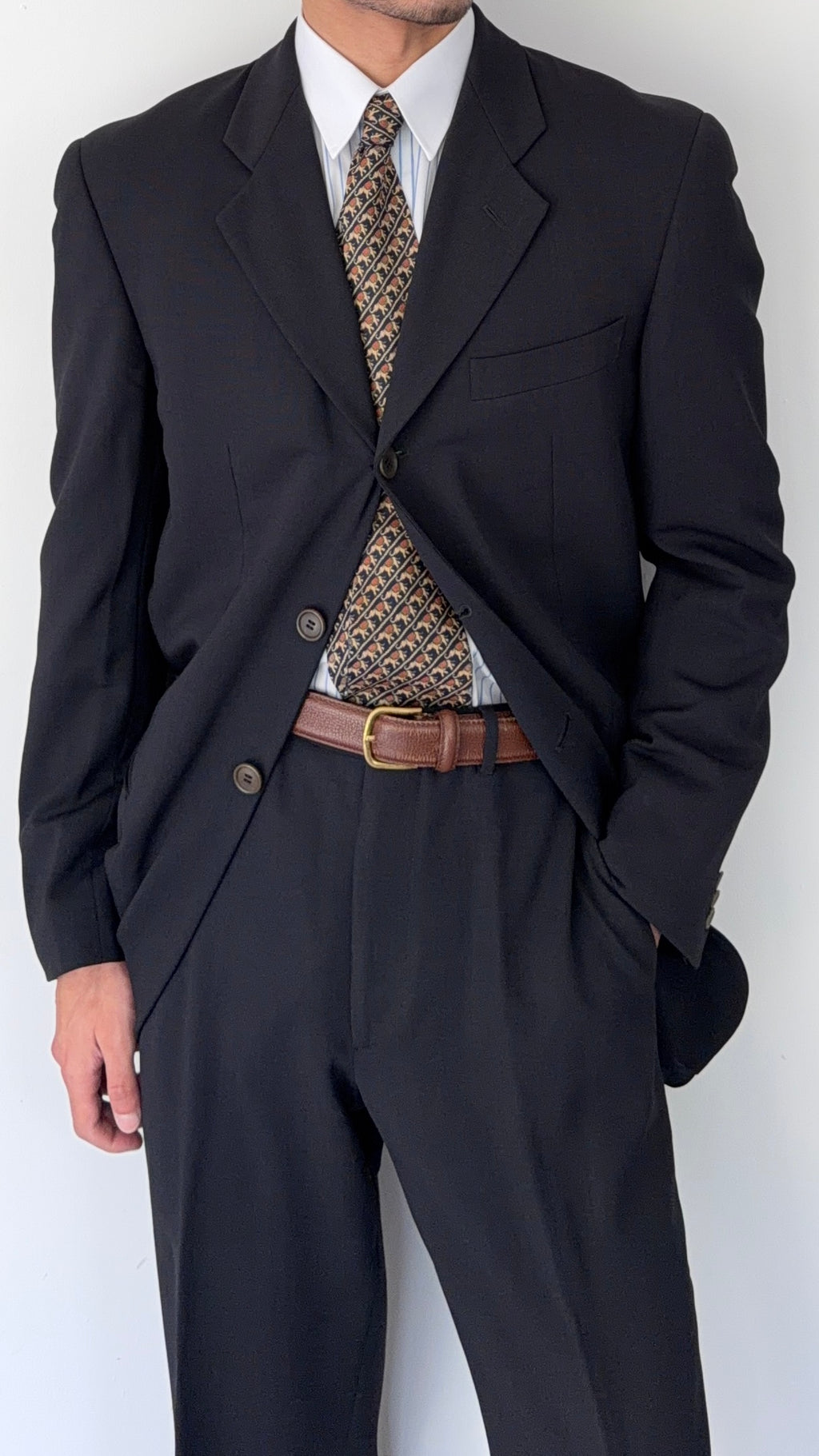 Giorgio Armani 1980s Rolled 3B Pleated Wool Silk Suit Navy Blue - Size M Jacket / 32" Waist