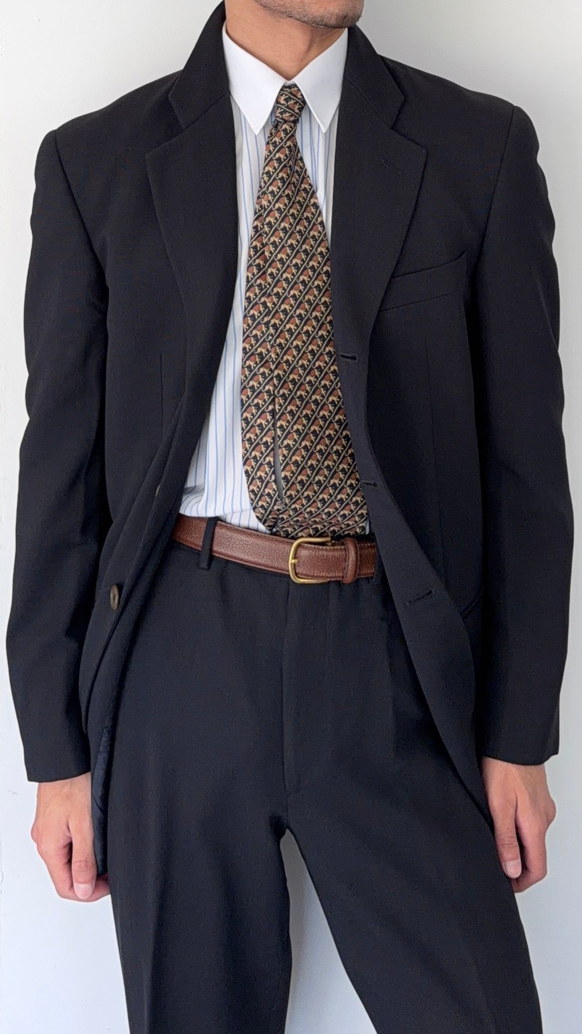 Giorgio Armani 1980s Rolled 3B Pleated Wool Silk Suit Navy Blue - Size M Jacket / 32" Waist