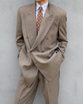 Valentino 1980s Peaked Lapel Double Breasted Pleated Wool Suit Taupe - Size XL Jacket / 35" Waist
