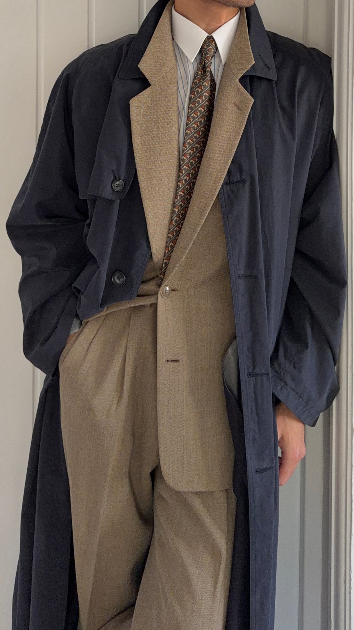 Giorgio Armani 1980s Oversized Cotton Nylon Long Trench Coat Navy Blue - Size XL