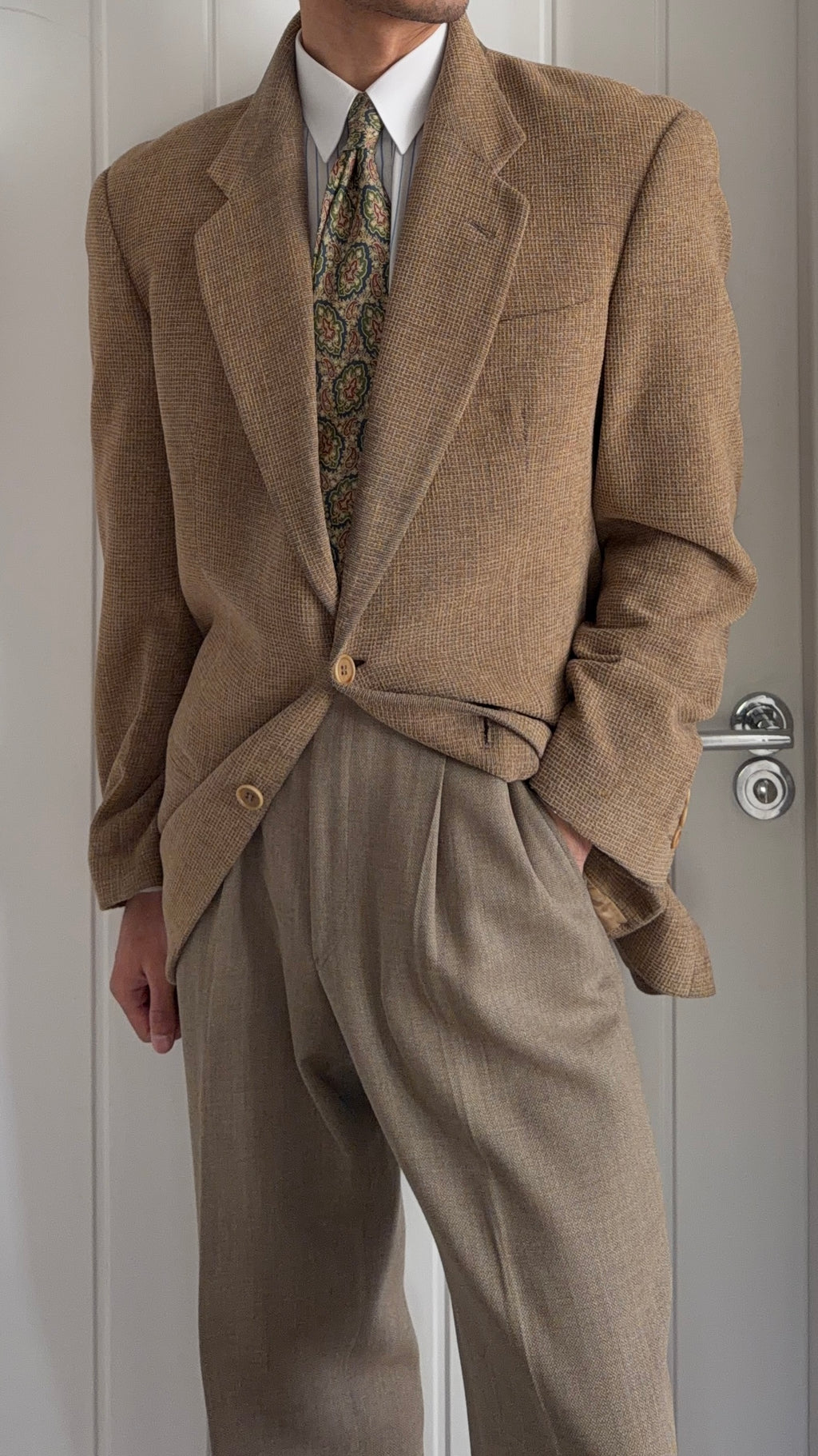Giorgio Armani 1980s 2B Taupe Beige Textured Wool Nylon Sport Jacket Blazer  - Size XL
