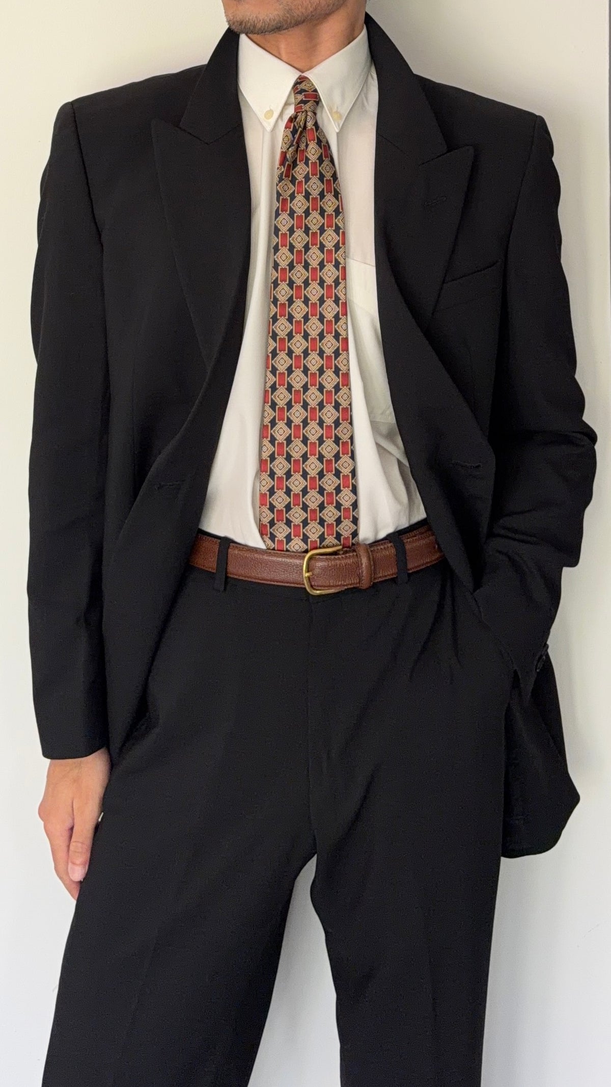 Emporio Armani 1980s Peaked Lapel Double Breasted Draped Wool Suit Black - Size M Jacket / 33"
