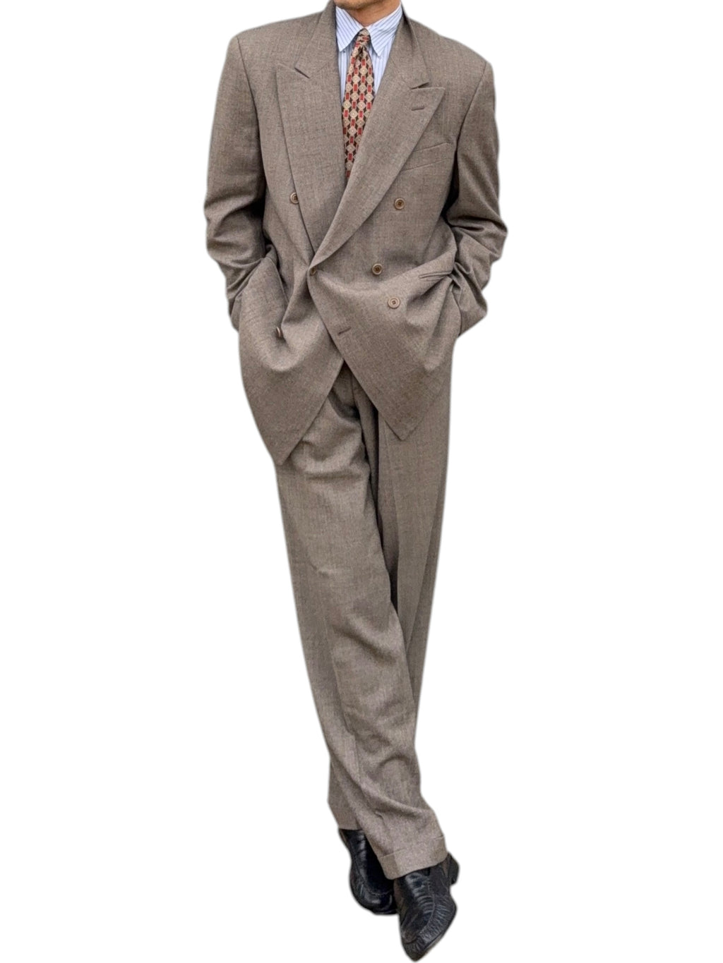 Valentino 1980s Peaked Lapel Double Breasted Pleated Wool Suit Taupe - Size XL Jacket / 35" Waist