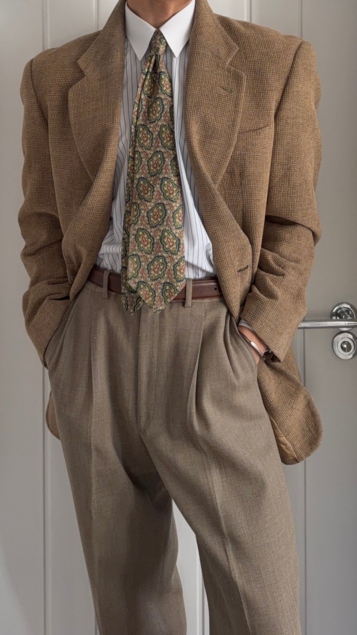 Giorgio Armani 1980s 2B Taupe Beige Textured Wool Nylon Sport Jacket Blazer  - Size XL