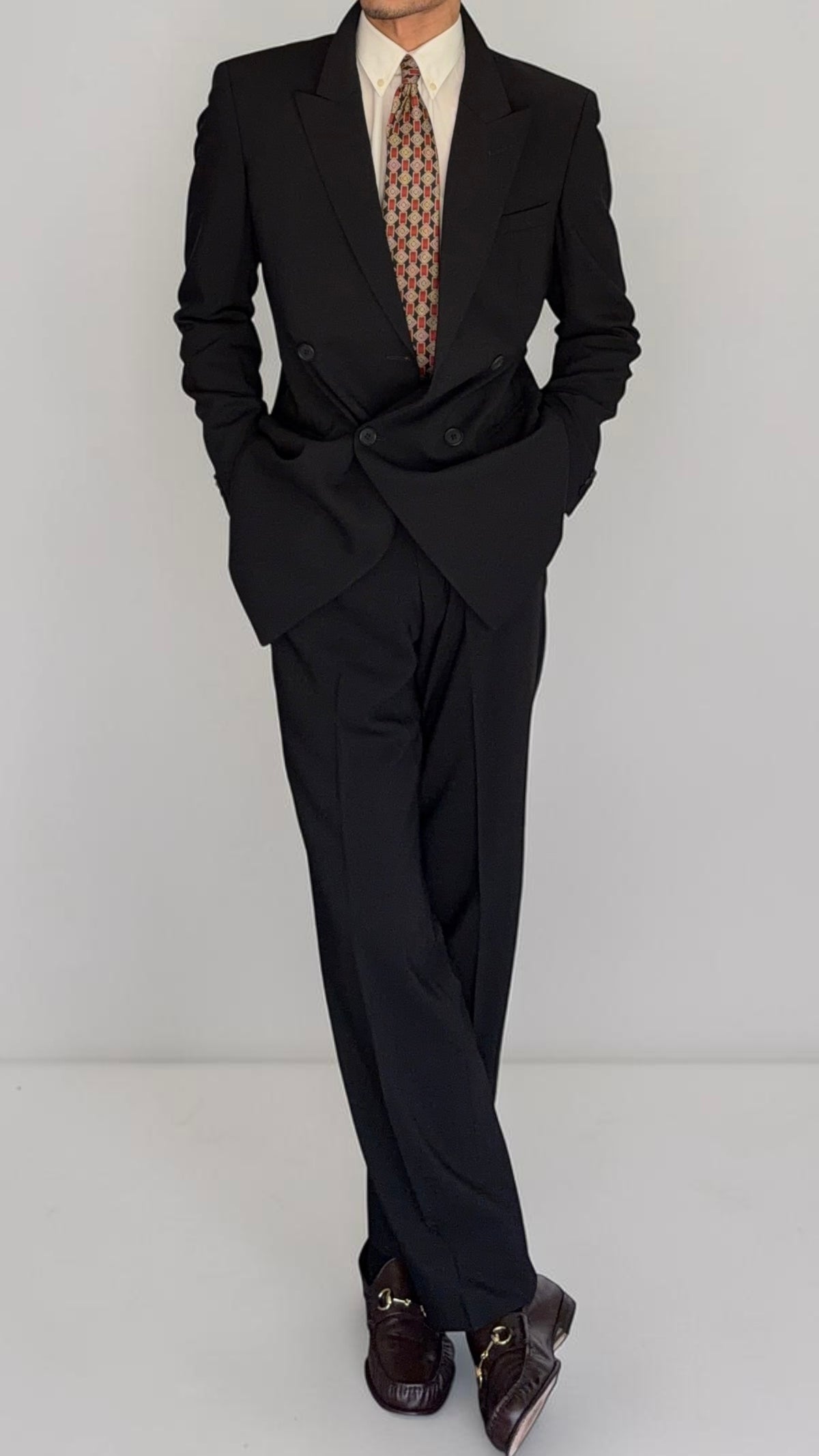 Emporio Armani 1980s Peaked Lapel Double Breasted Draped Wool Suit Black - Size M Jacket / 33"