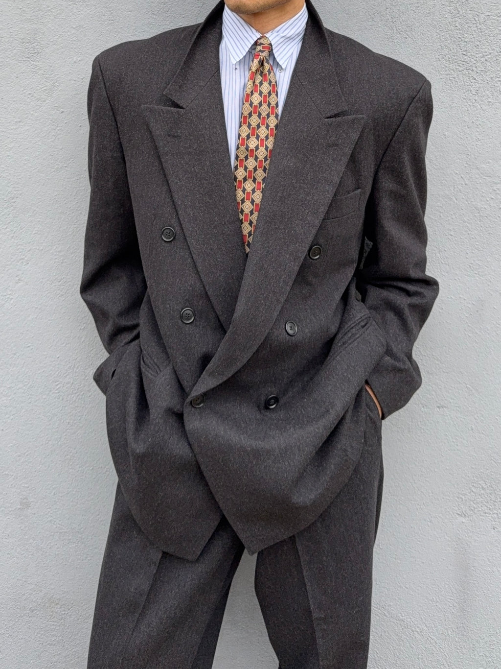 Hugo Boss 1980s 'Lawford' Peaked Lapel Double Breasted Pleated Wool Suit Grey - Size XL Jacket / 34" Waist