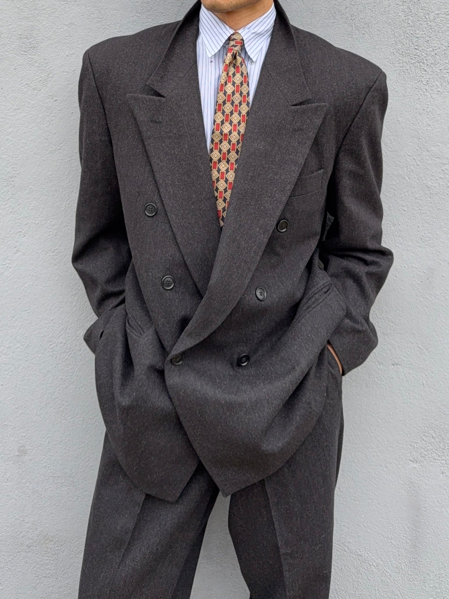 Hugo Boss 1980s 'Lawford' Peaked Lapel Double Breasted Pleated Wool Suit Grey - Size XL Jacket / 34" Waist