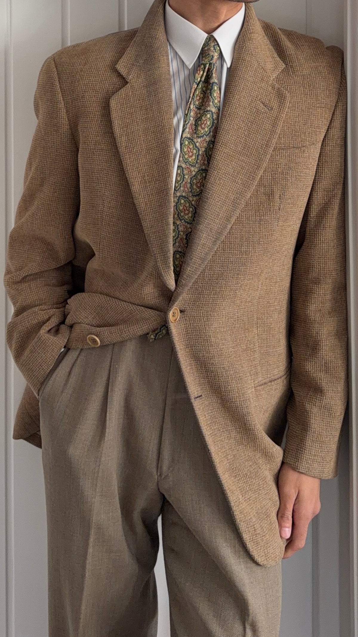 Giorgio Armani 1980s 2B Taupe Beige Textured Wool Nylon Sport Jacket Blazer  - Size XL