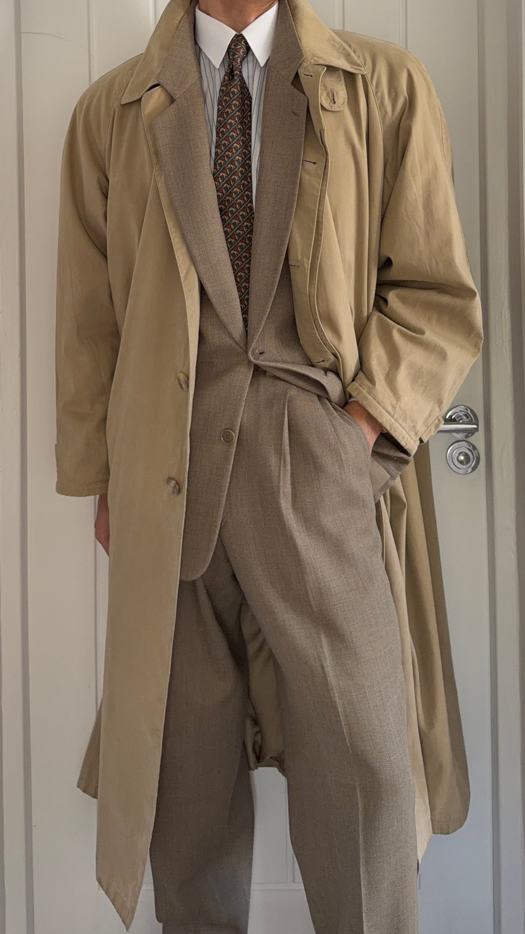 Giorgio Armani 1980s Taupe Beige Padded Cotton Balmacaan Overcoat - Size XL