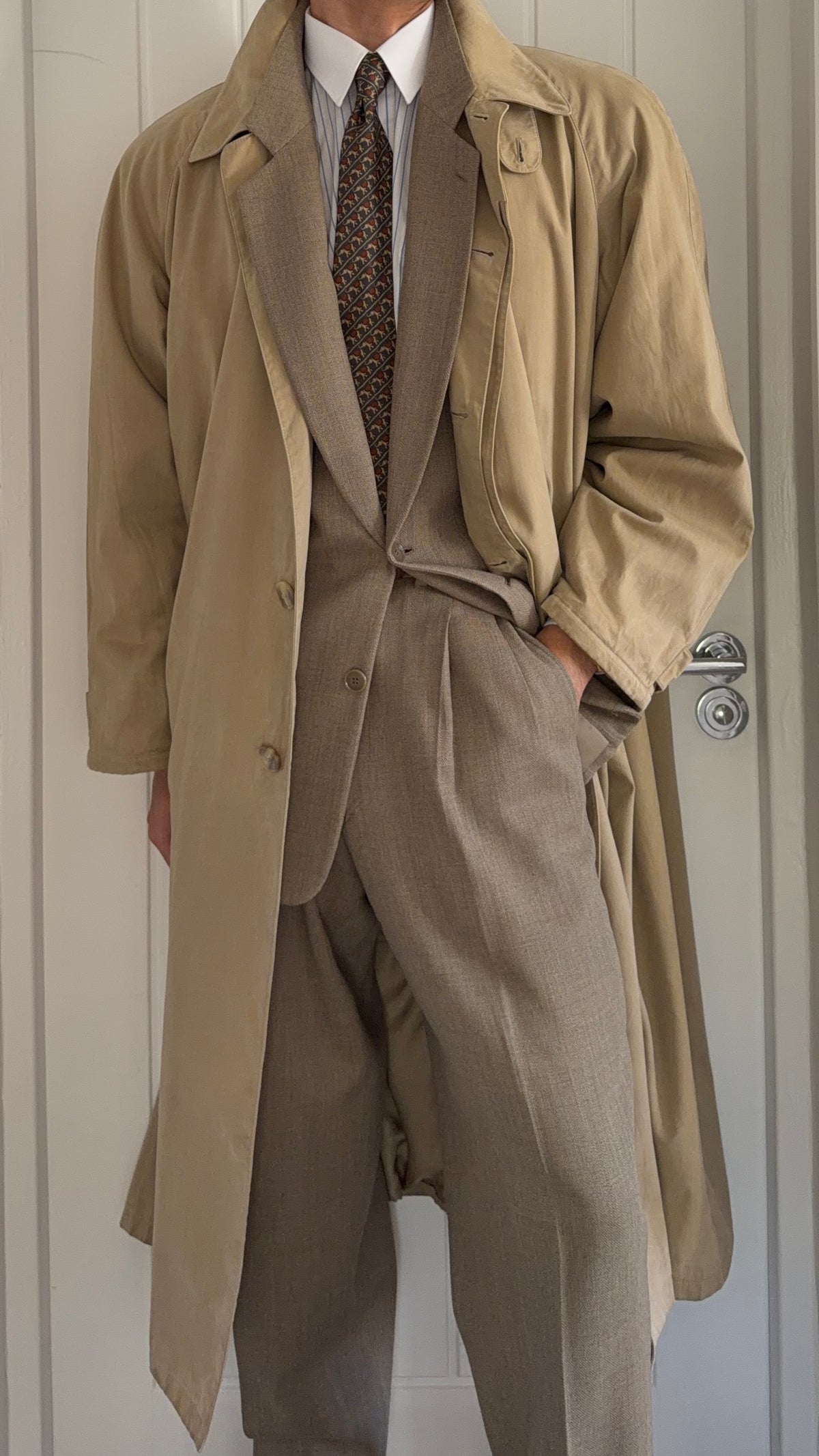 Giorgio Armani 1980s Taupe Beige Padded Cotton Balmacaan Overcoat - Size XL