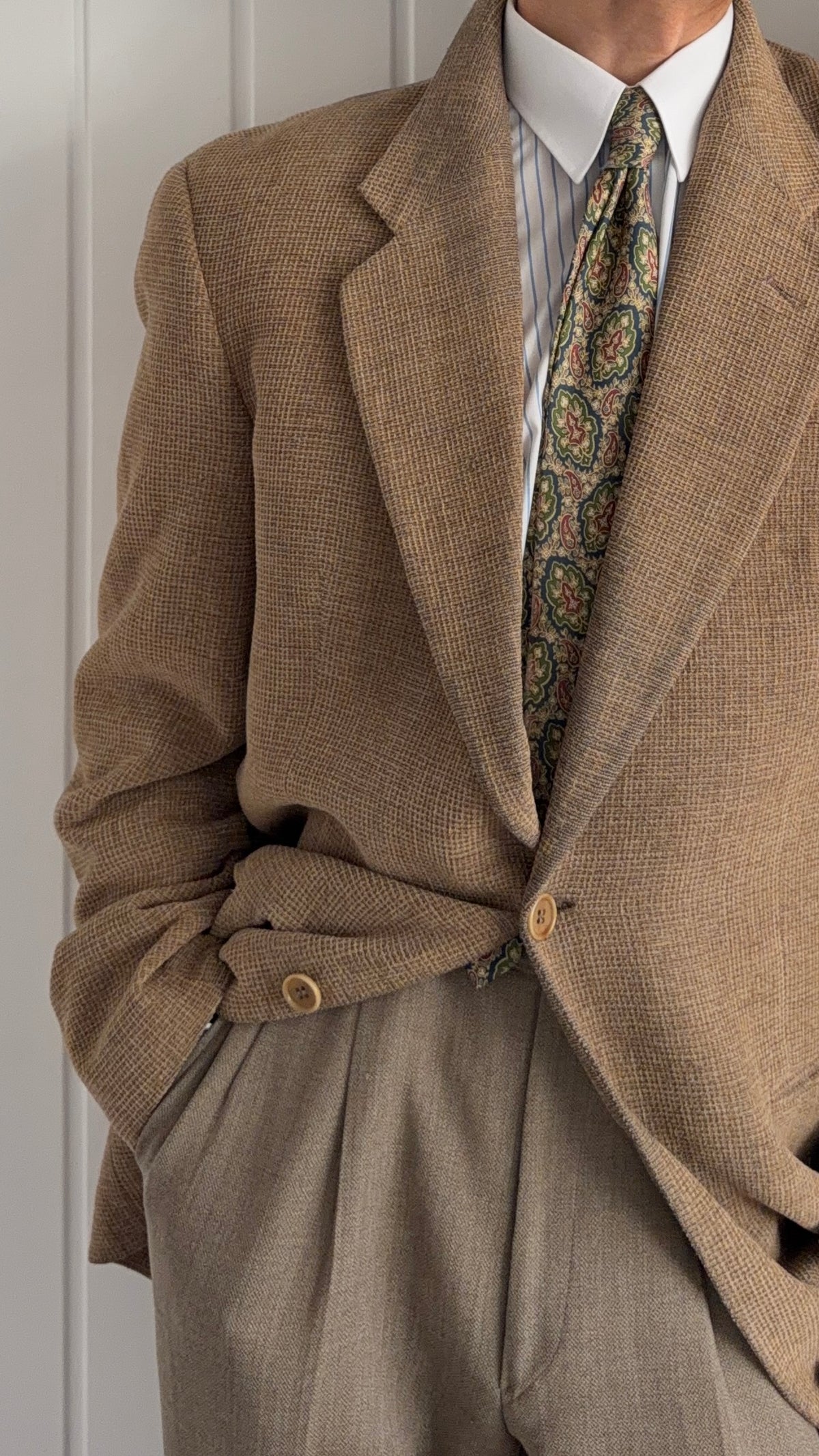 Giorgio Armani 1980s 2B Taupe Beige Textured Wool Nylon Sport Jacket Blazer  - Size XL