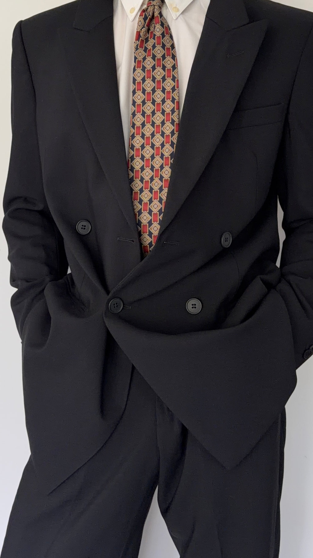 Emporio Armani 1980s Peaked Lapel Double Breasted Draped Wool Suit Black - Size M Jacket / 33"