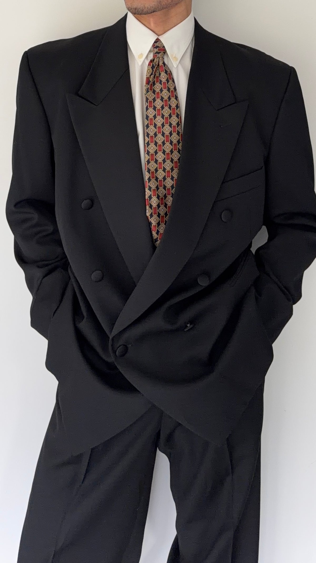 Armani Mani 1980s Tuxedo Peaked Lapel Double Breasted Jacket & Hugo Boss 1980s Pleated Tuxedo Pants - Size XXL Jacket / 38"