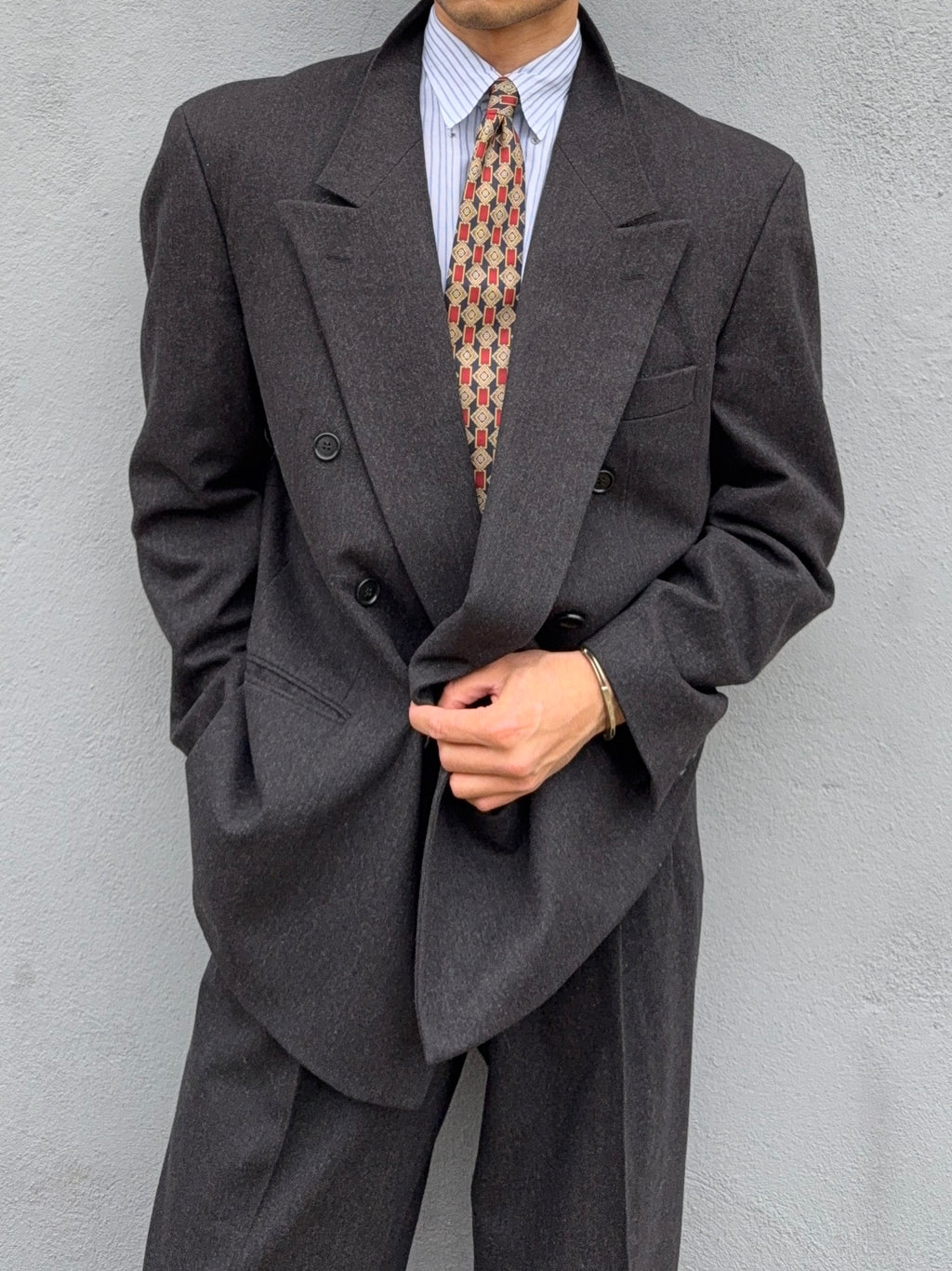 Hugo Boss 1980s 'Lawford' Peaked Lapel Double Breasted Pleated Wool Suit Grey - Size XL Jacket / 34" Waist