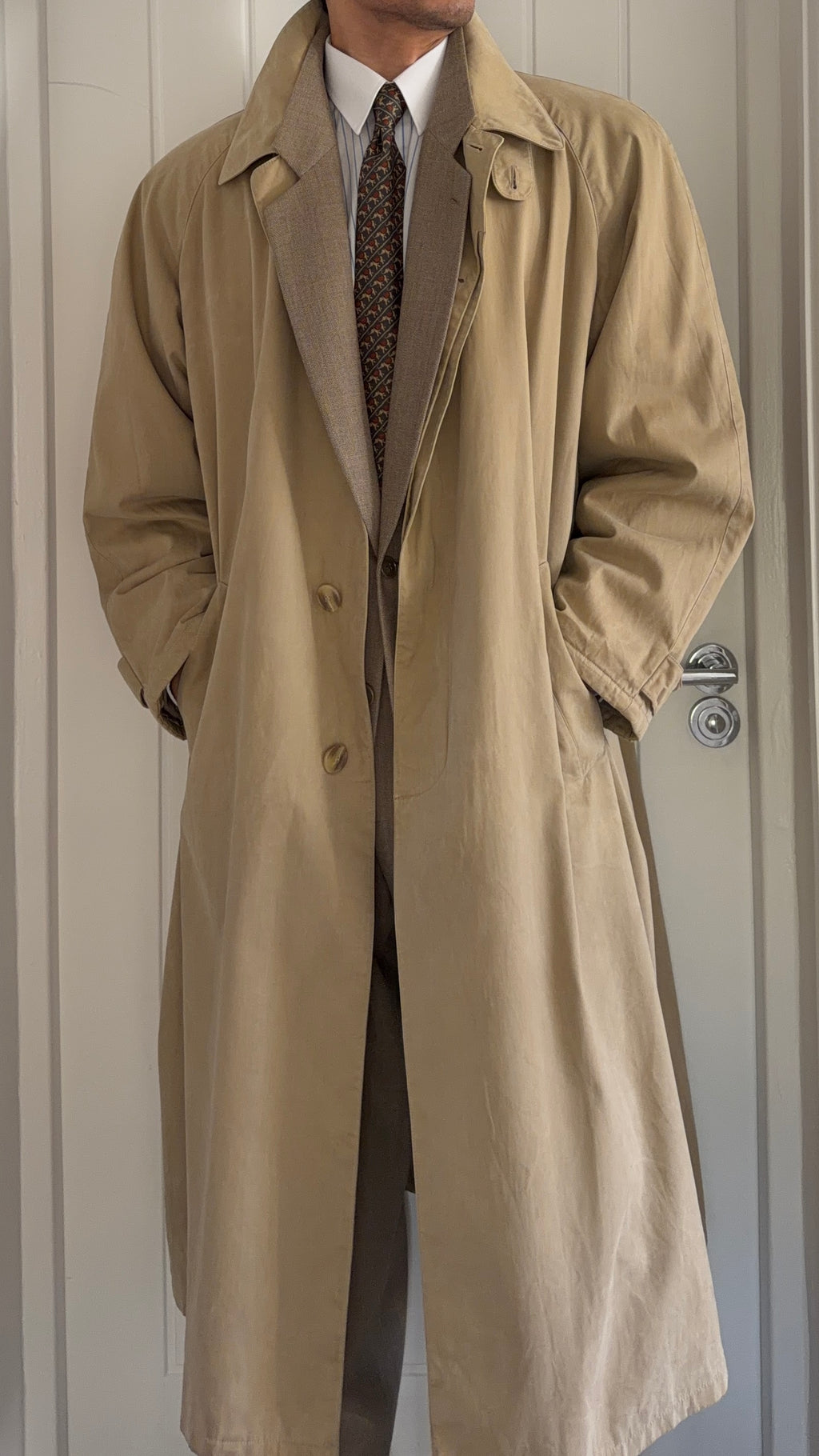 Giorgio Armani 1980s Taupe Beige Padded Cotton Balmacaan Overcoat - Size XL