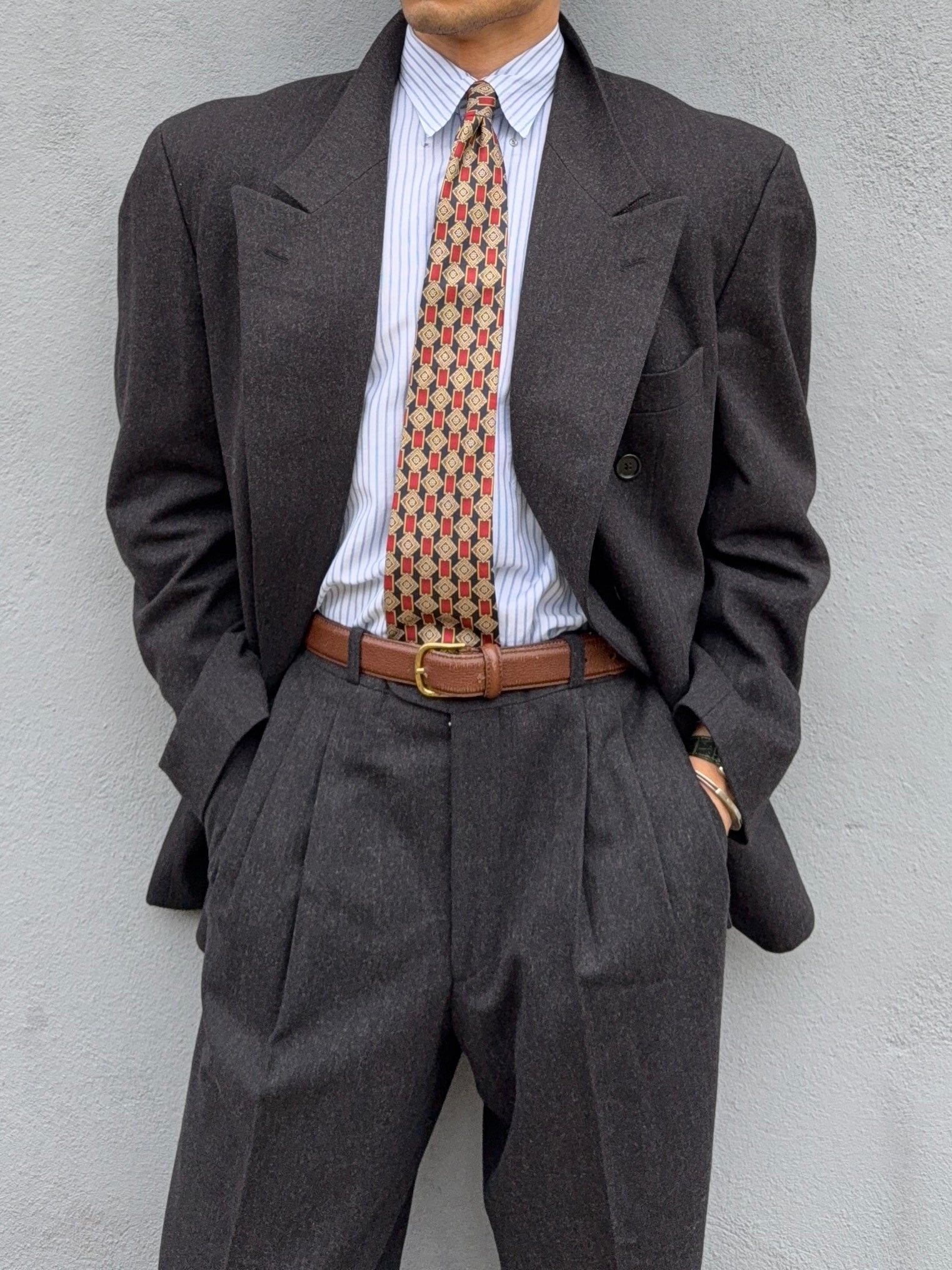 Hugo Boss 1980s 'Lawford' Peaked Lapel Double Breasted Pleated Wool Suit Grey - Size XL Jacket / 34" Waist