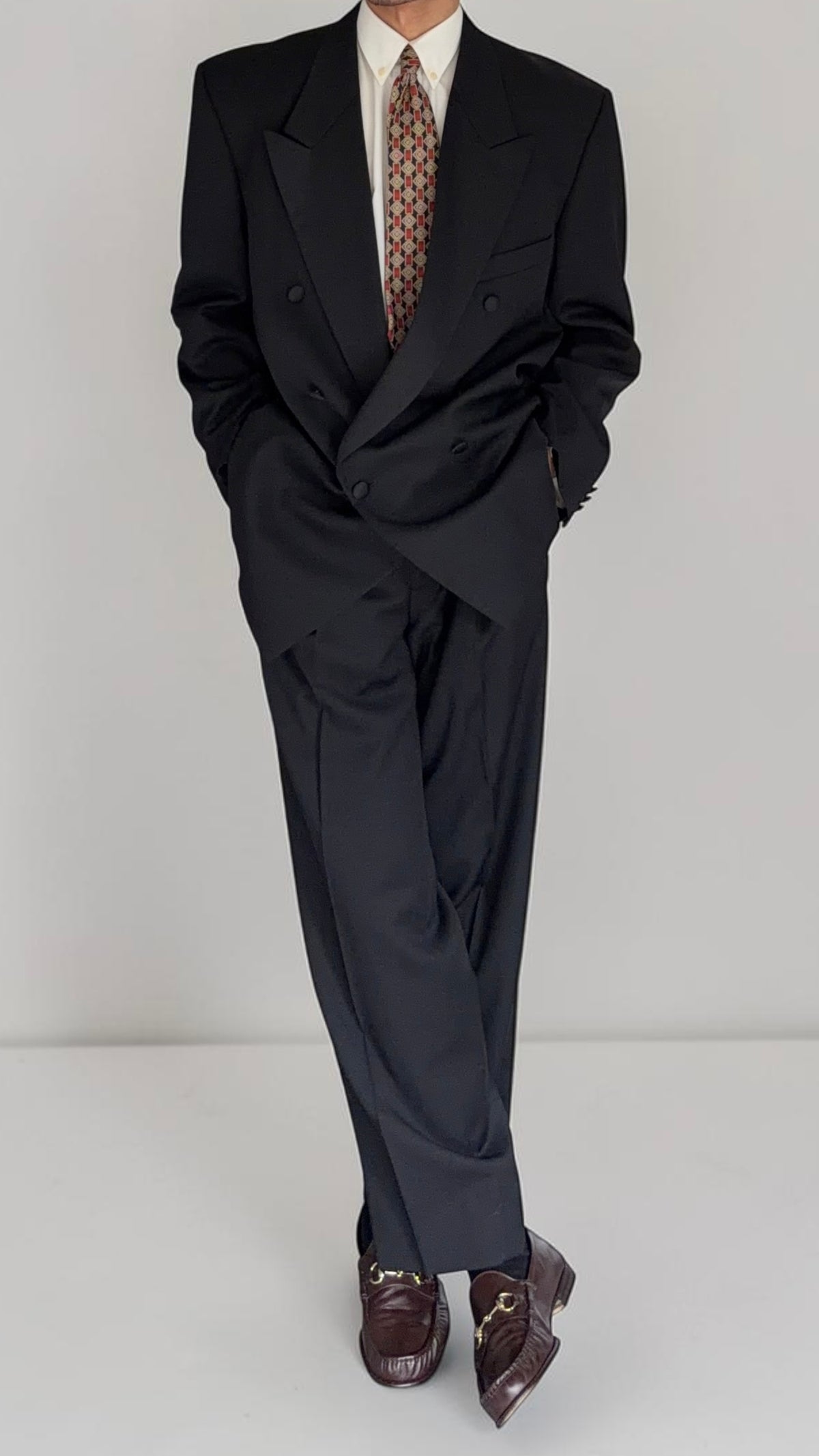 Armani Mani 1980s Tuxedo Peaked Lapel Double Breasted Jacket & Hugo Boss 1980s Pleated Tuxedo Pants - Size XXL Jacket / 38"