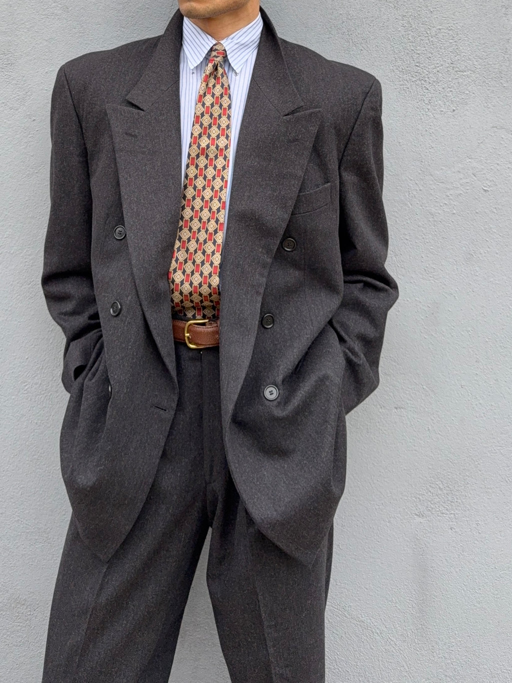 Hugo Boss 1980s 'Lawford' Peaked Lapel Double Breasted Pleated Wool Suit Grey - Size XL Jacket / 34" Waist