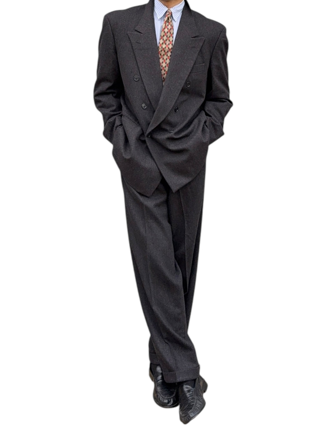 Hugo Boss 1980s 'Lawford' Peaked Lapel Double Breasted Pleated Wool Suit Grey - Size XL Jacket / 34" Waist