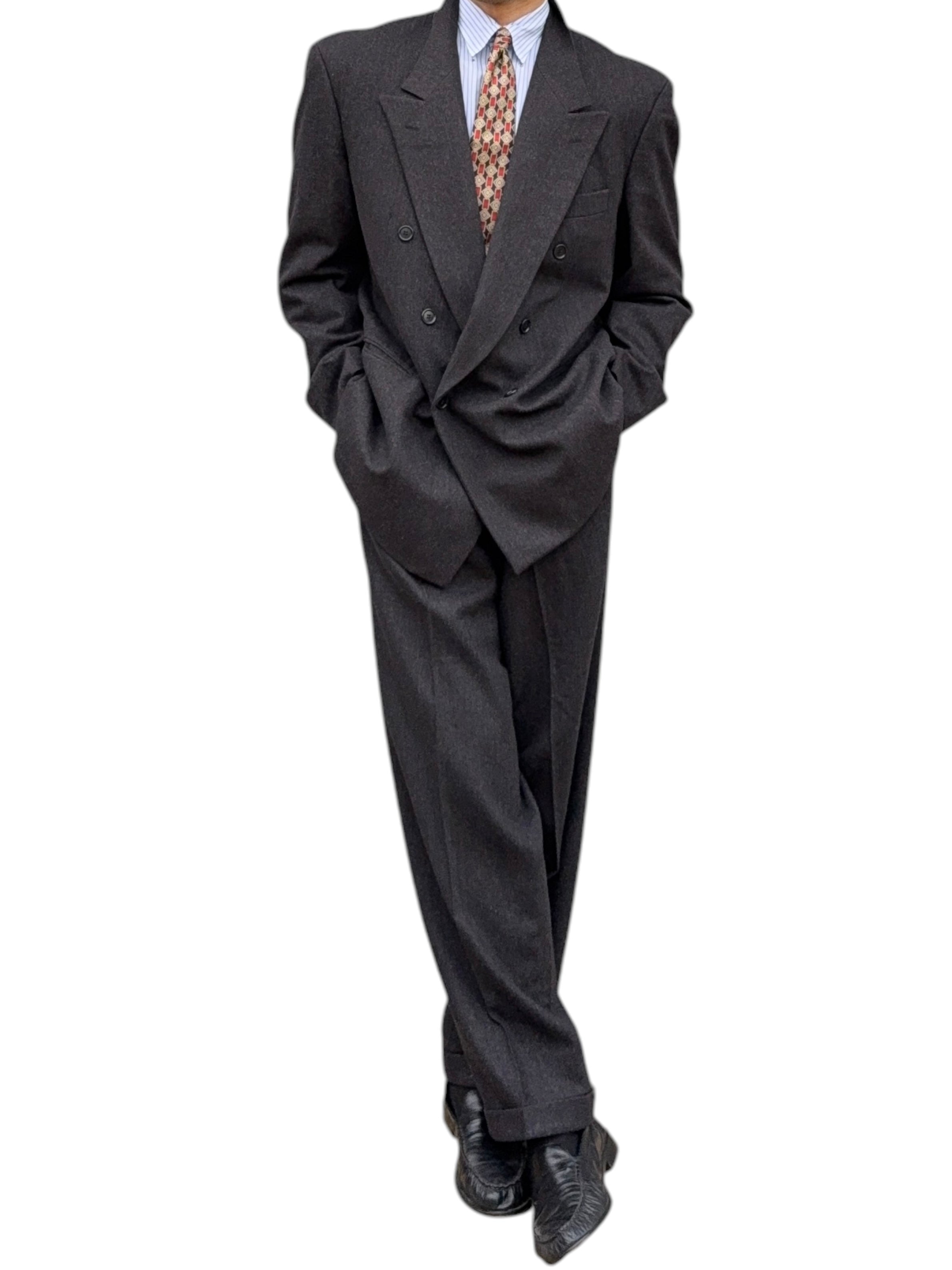 Hugo Boss 1980s 'Lawford' Peaked Lapel Double Breasted Pleated Wool Suit Grey - Size XL Jacket / 34" Waist