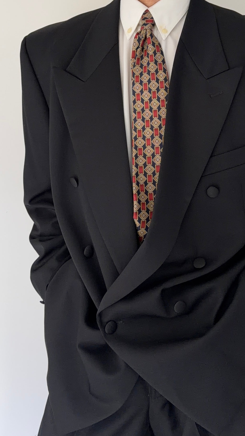 Armani Mani 1980s Tuxedo Peaked Lapel Double Breasted Jacket & Hugo Boss 1980s Pleated Tuxedo Pants - Size XXL Jacket / 38"