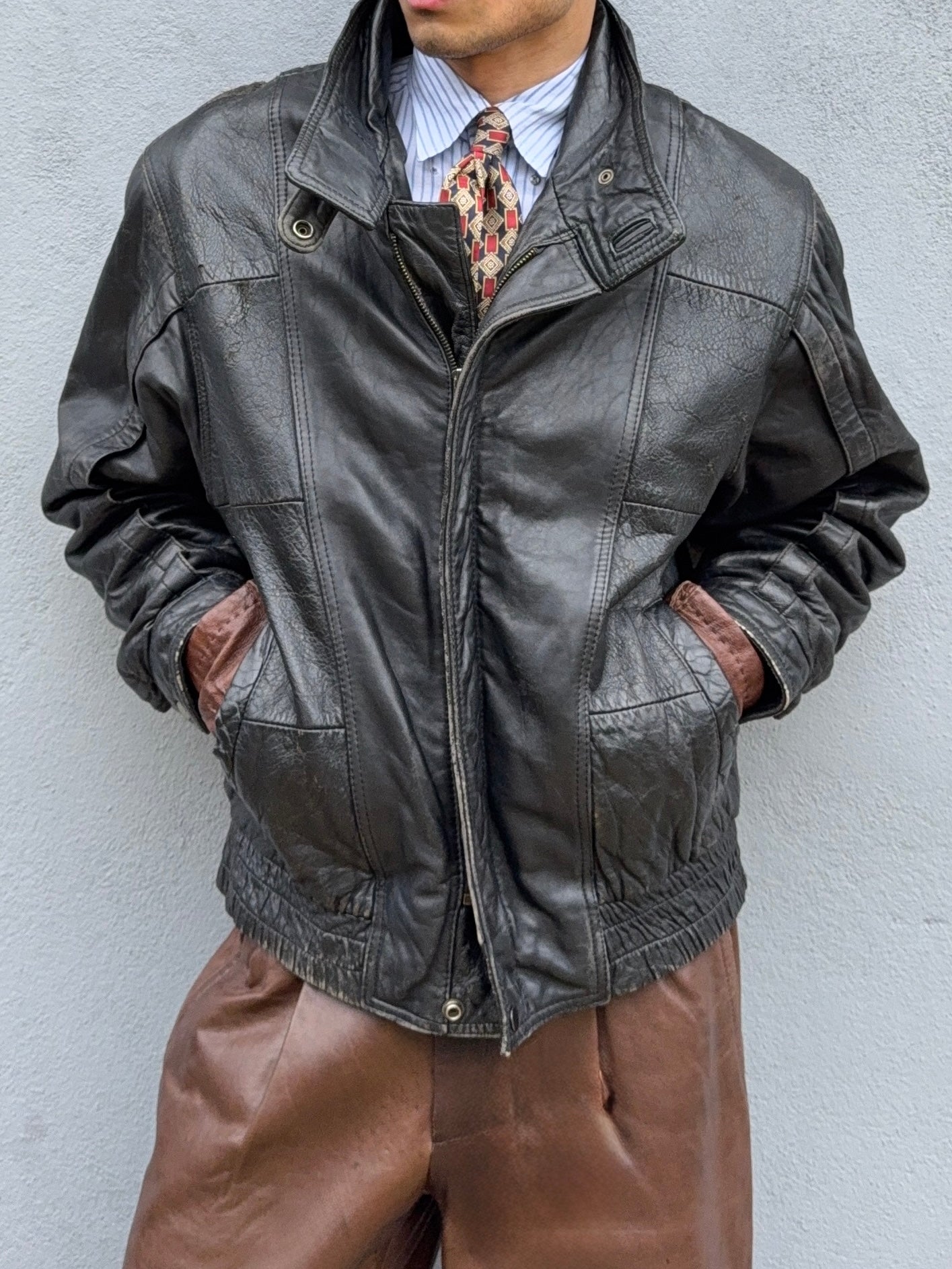 Valentino 1980s Panelled Leather Bomber Jacket - Size M