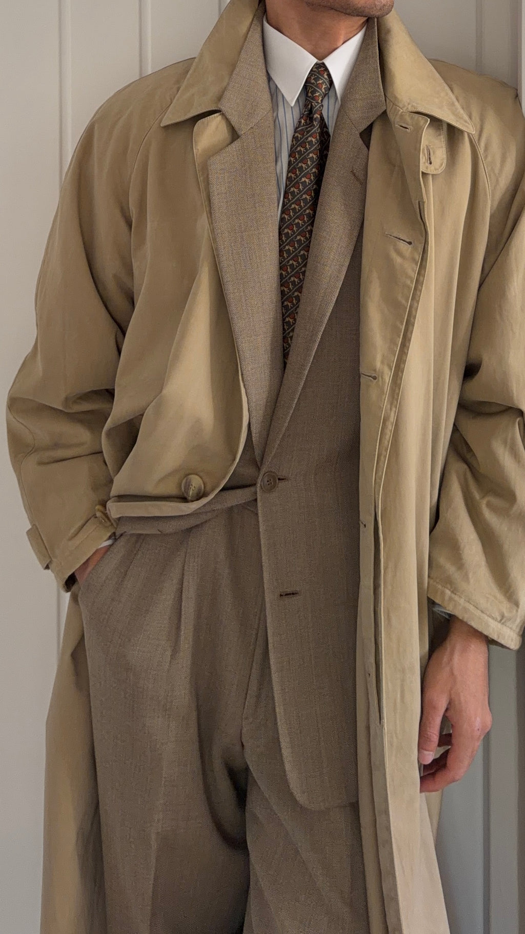 Giorgio Armani 1980s Taupe Beige Padded Cotton Balmacaan Overcoat - Size XL