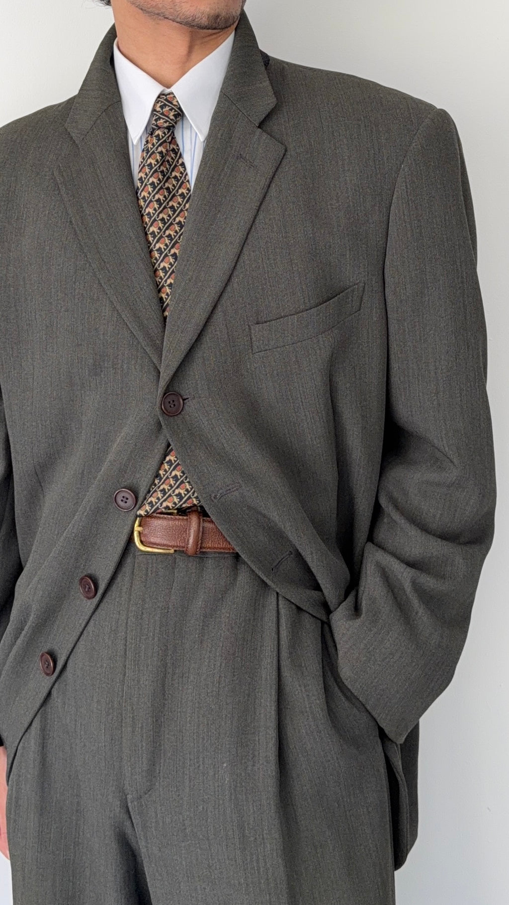 Mani Giorgio Armani 1980s 4B Pleated Rayon Wool Textured Draped Suit Taupe Green - Size XXL Jacket / 38" Waist