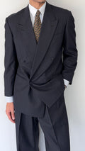 Emporio Armani 1980s Peaked Lapel Double Breasted Pleated Wool Suit Charcoal Navy - Size S Jacket / 29" Waist