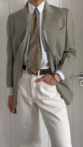 Giorgio Armani 1980s Peaked Lapel Double Breasted Wool Linen Sport Jacket Blazer Taupe Sage - Size S