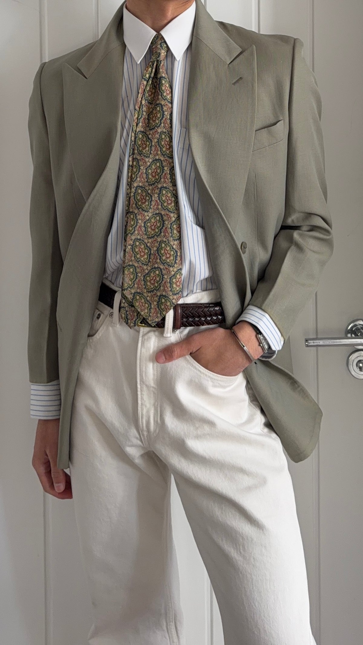Giorgio Armani 1980s Peaked Lapel Double Breasted Wool Linen Sport Jacket Blazer Taupe Sage - Size S