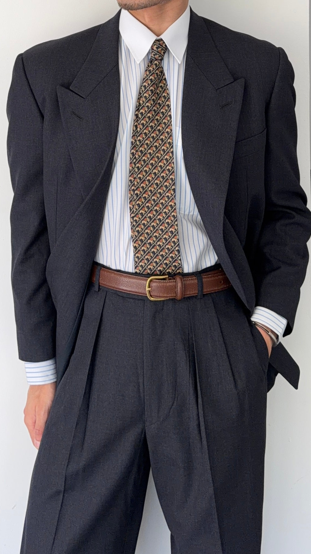 Emporio Armani 1980s Peaked Lapel Double Breasted Pleated Wool Suit Charcoal Navy - Size S Jacket / 29" Waist