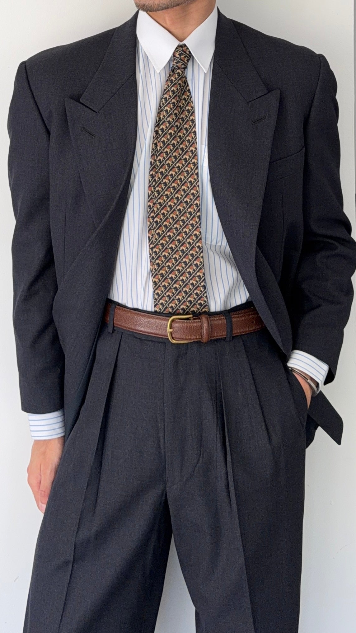Emporio Armani 1980s Peaked Lapel Double Breasted Pleated Wool Suit Charcoal Navy - Size S Jacket / 29" Waist