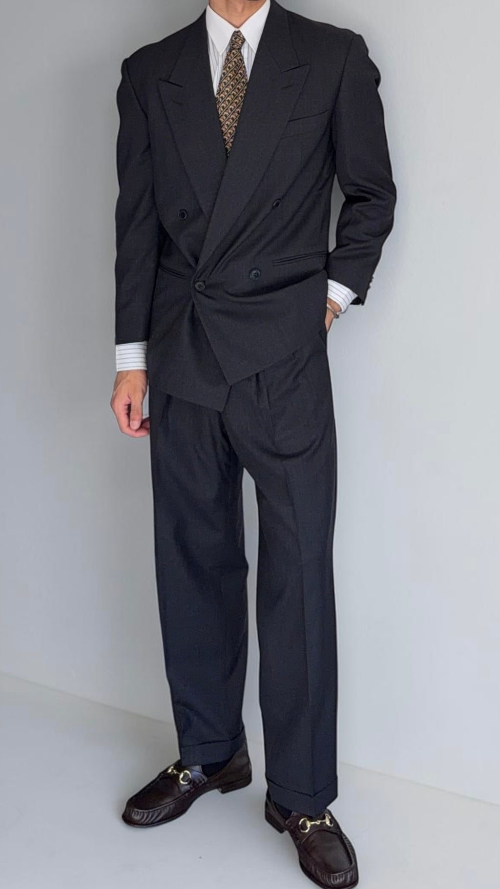 Emporio Armani 1980s Peaked Lapel Double Breasted Pleated Wool Suit Charcoal Navy - Size S Jacket / 29" Waist
