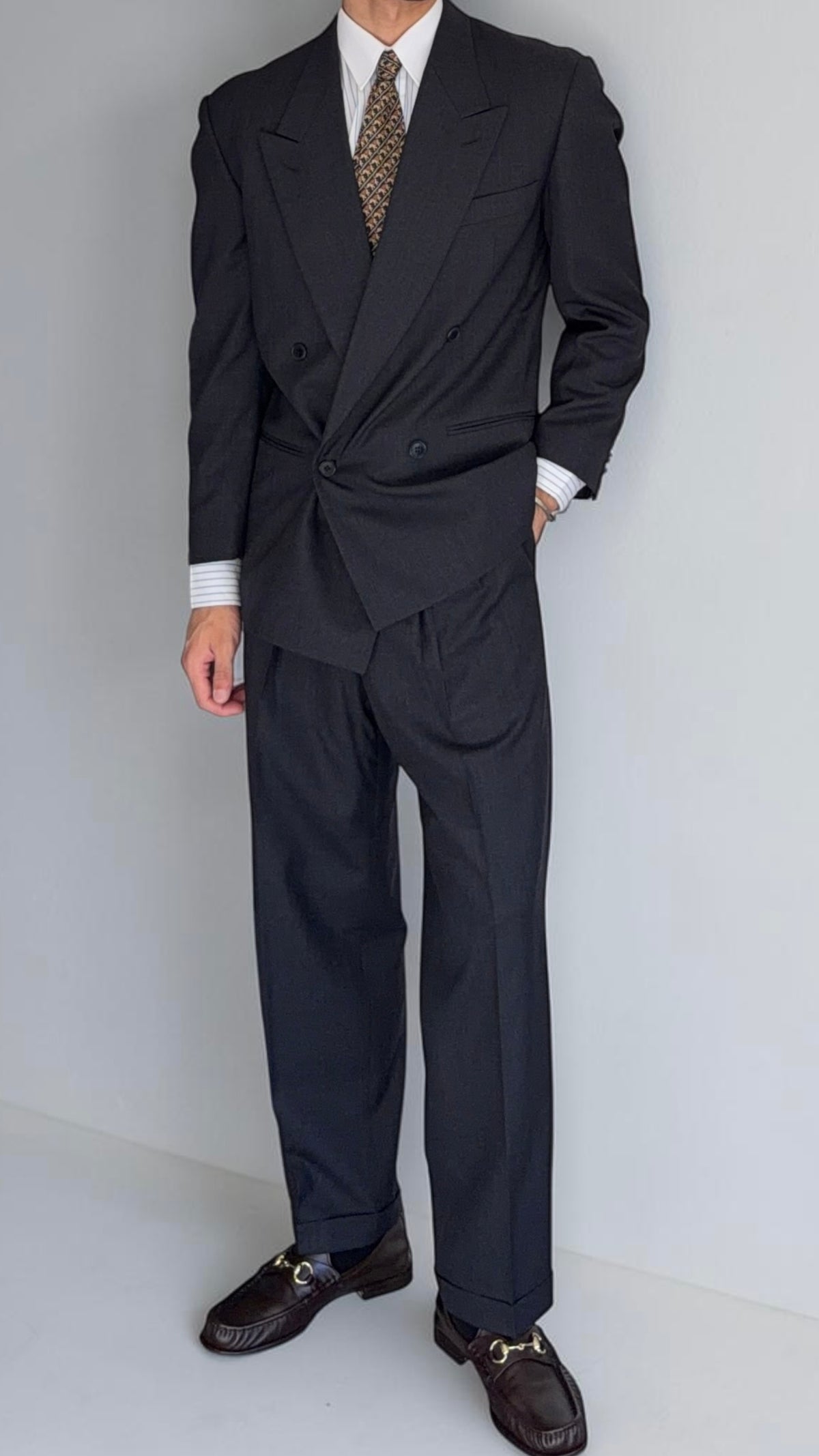 Emporio Armani 1980s Peaked Lapel Double Breasted Pleated Wool Suit Charcoal Navy - Size S Jacket / 29" Waist