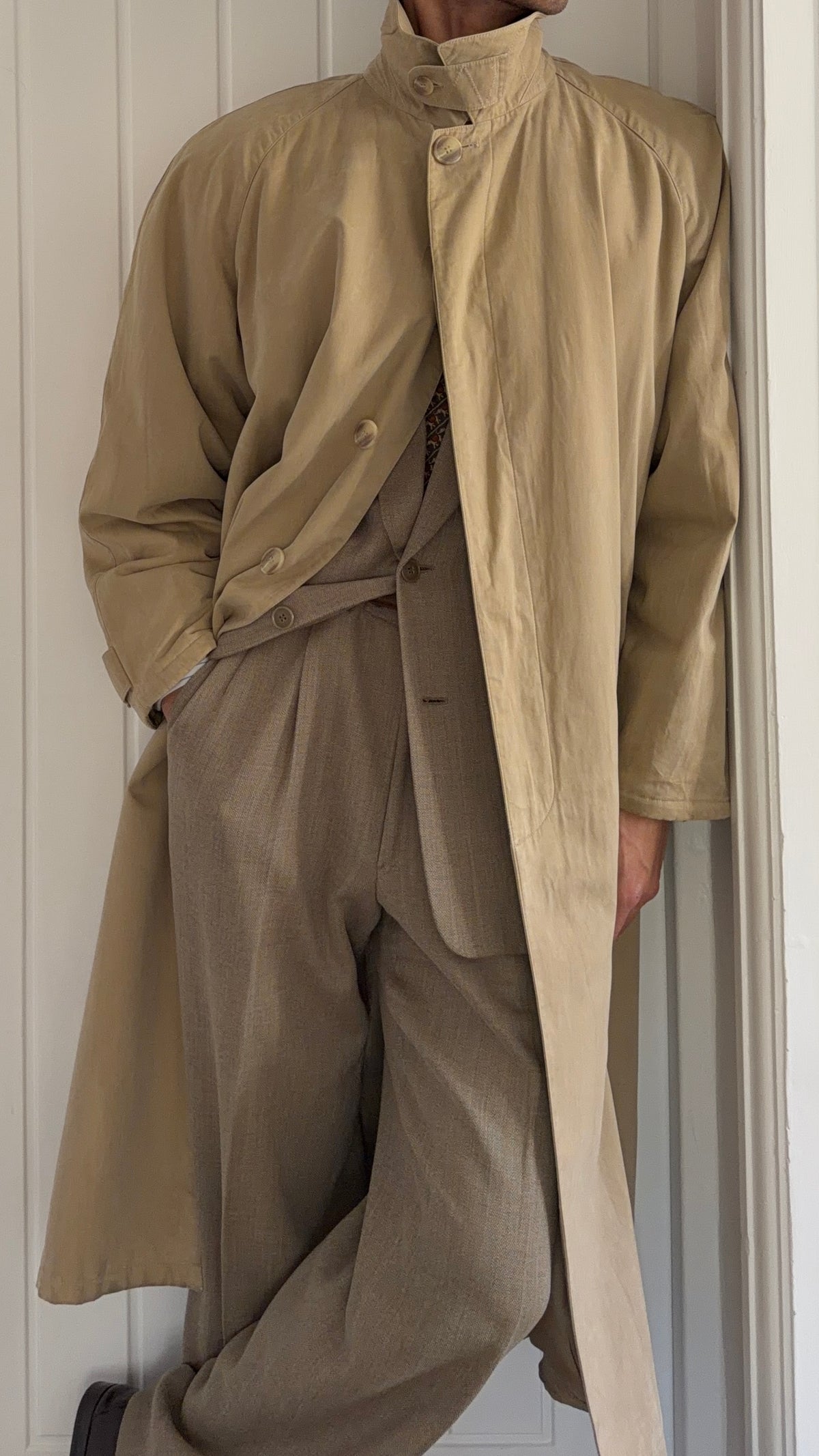 Giorgio Armani 1980s Taupe Beige Padded Cotton Balmacaan Overcoat - Size XL