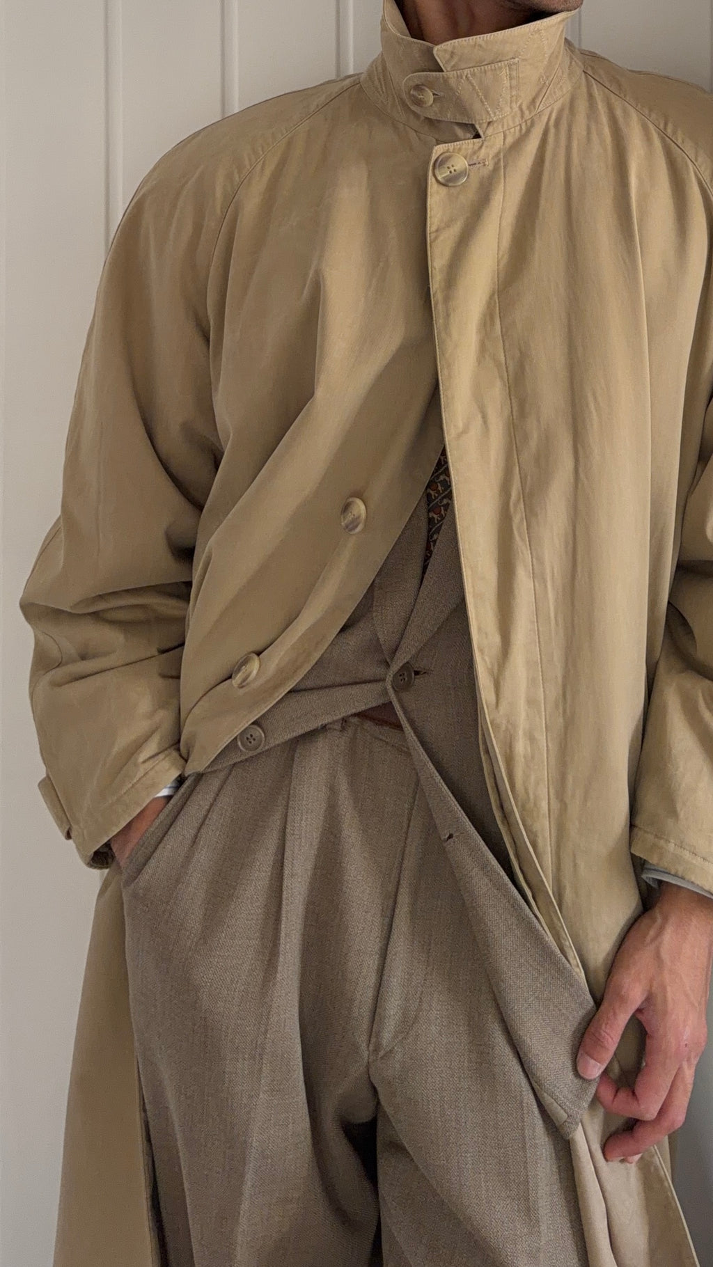 Giorgio Armani 1980s Taupe Beige Padded Cotton Balmacaan Overcoat - Size XL