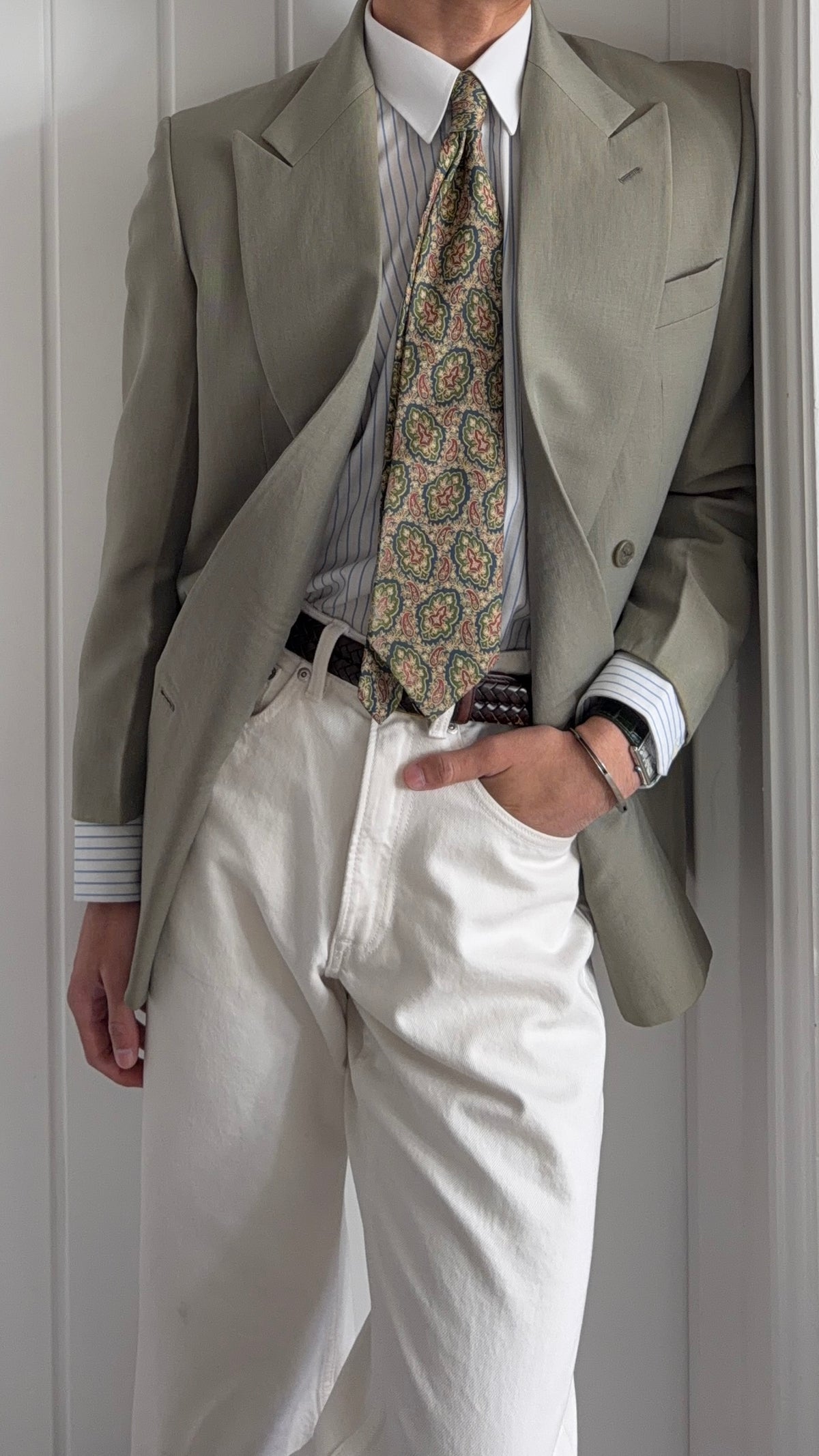 Giorgio Armani 1980s Peaked Lapel Double Breasted Wool Linen Sport Jacket Blazer Taupe Sage - Size S
