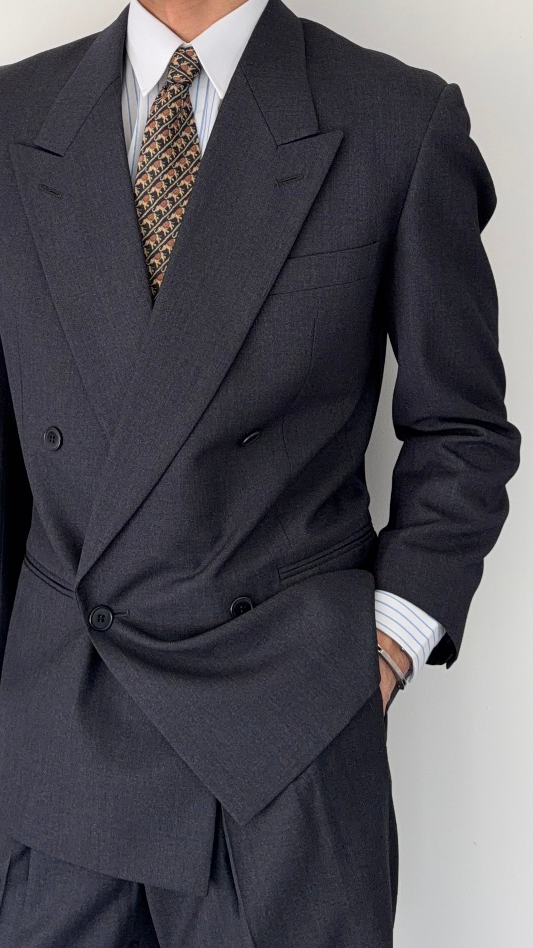 Emporio Armani 1980s Peaked Lapel Double Breasted Pleated Wool Suit Charcoal Navy - Size S Jacket / 29" Waist