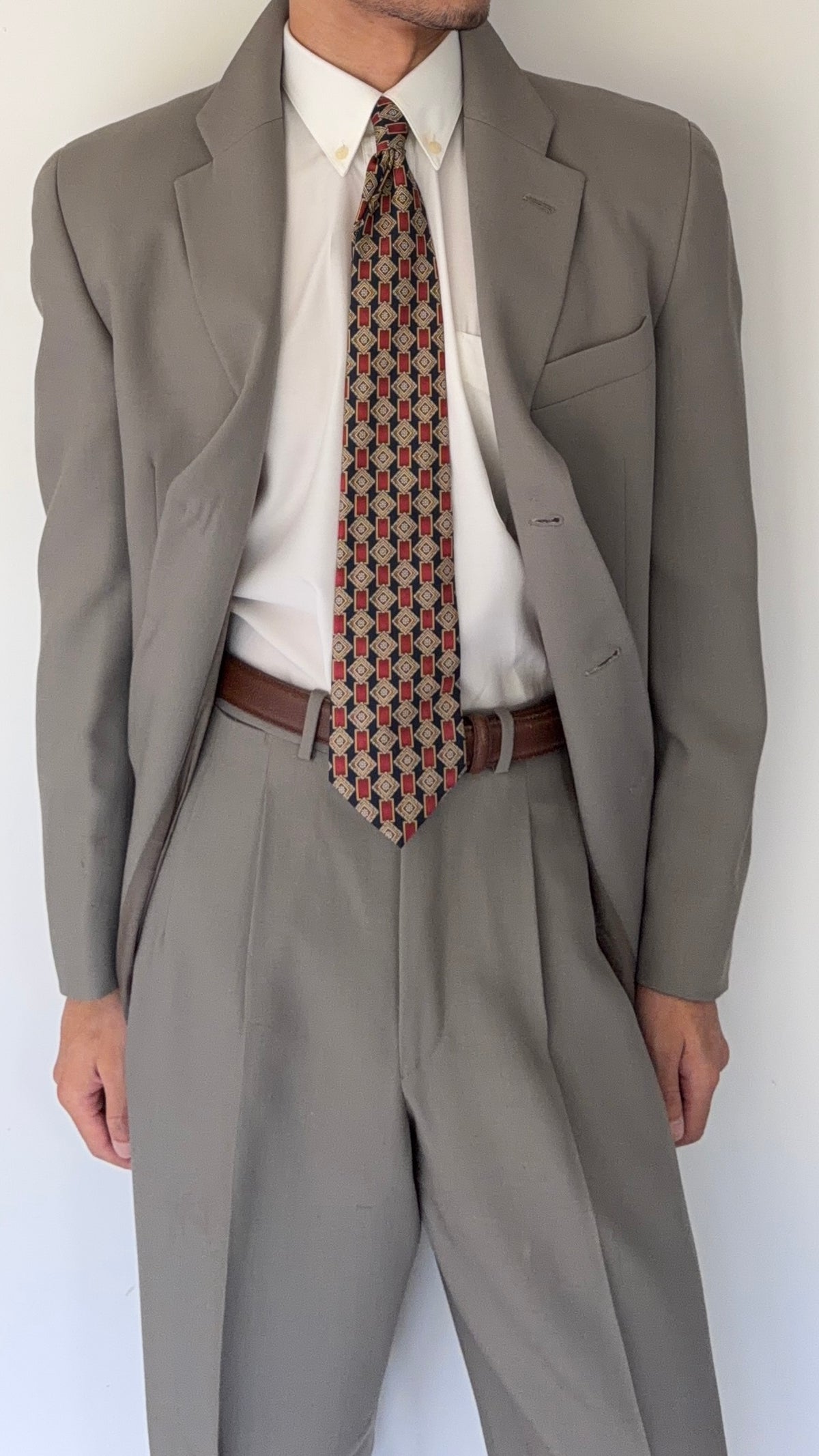 Emporio Armani 1990s 3B Draped Pleated Wool Suit Taupe Sage - Size S Jacket / 28" Waist